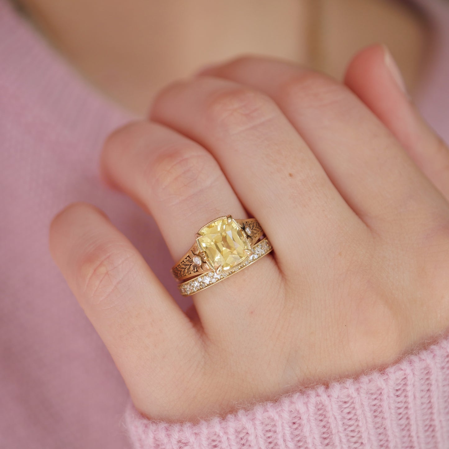 Nightbloom Antique Cushion Cut Yellow Sapphire Ring