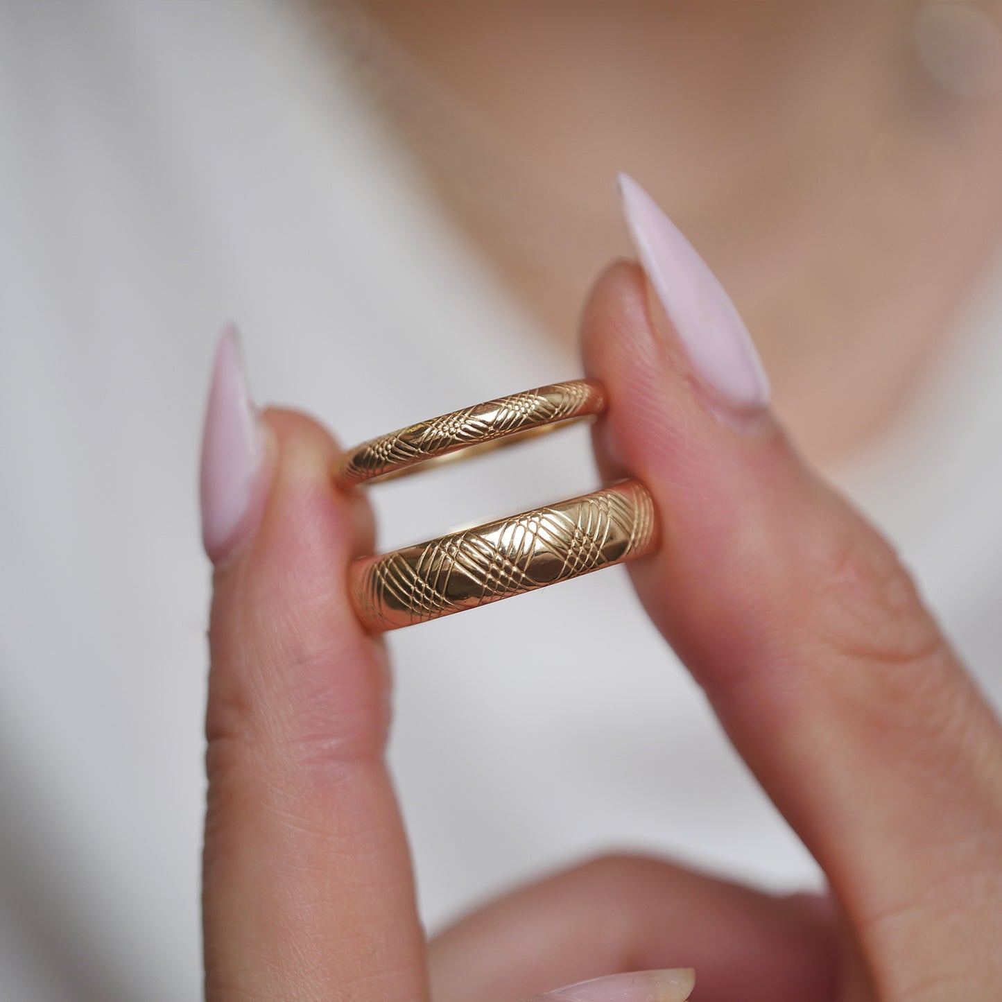 5mm and 2mm cross cross engraved wedding band.