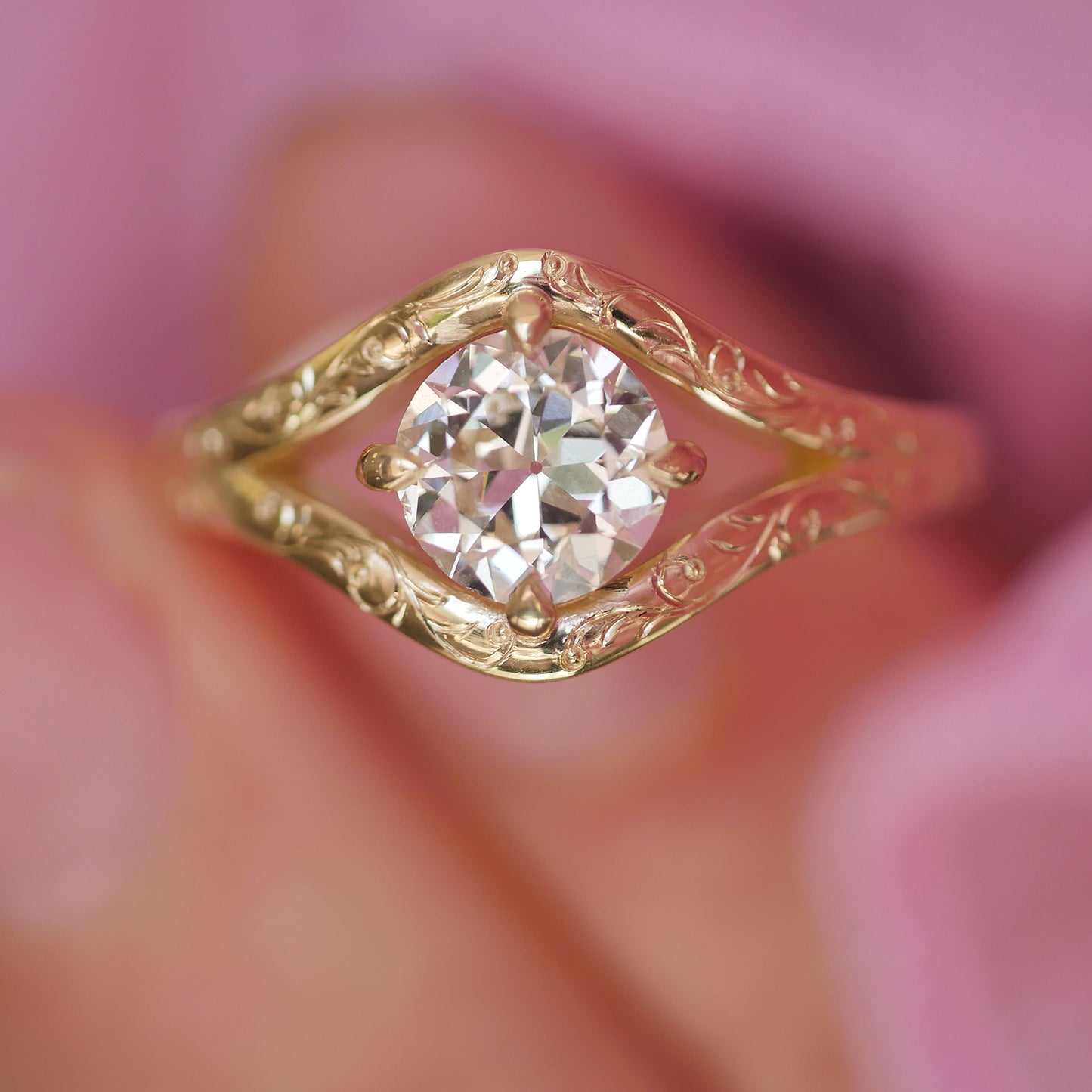 Engraved Split Shank Old European Cut Diamond Ring