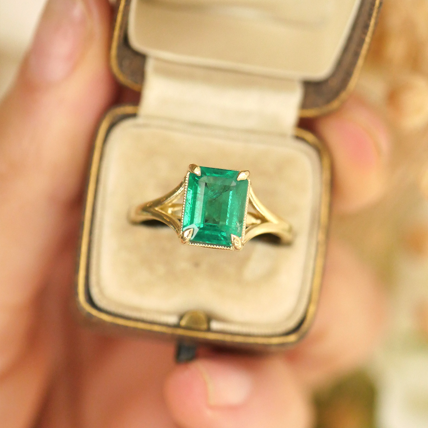 Custom Natural Emerald Split Shank Solitaire