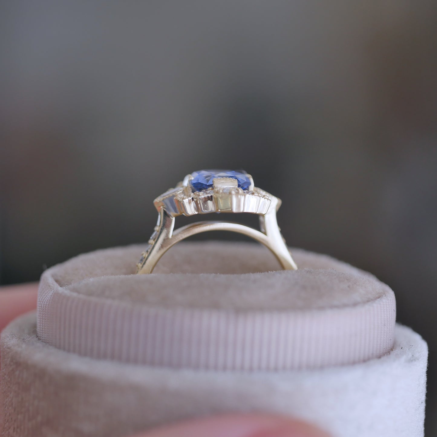 Cornflower Blue Sapphire Deco Emerald & Pear Diamond Mosaic Ring