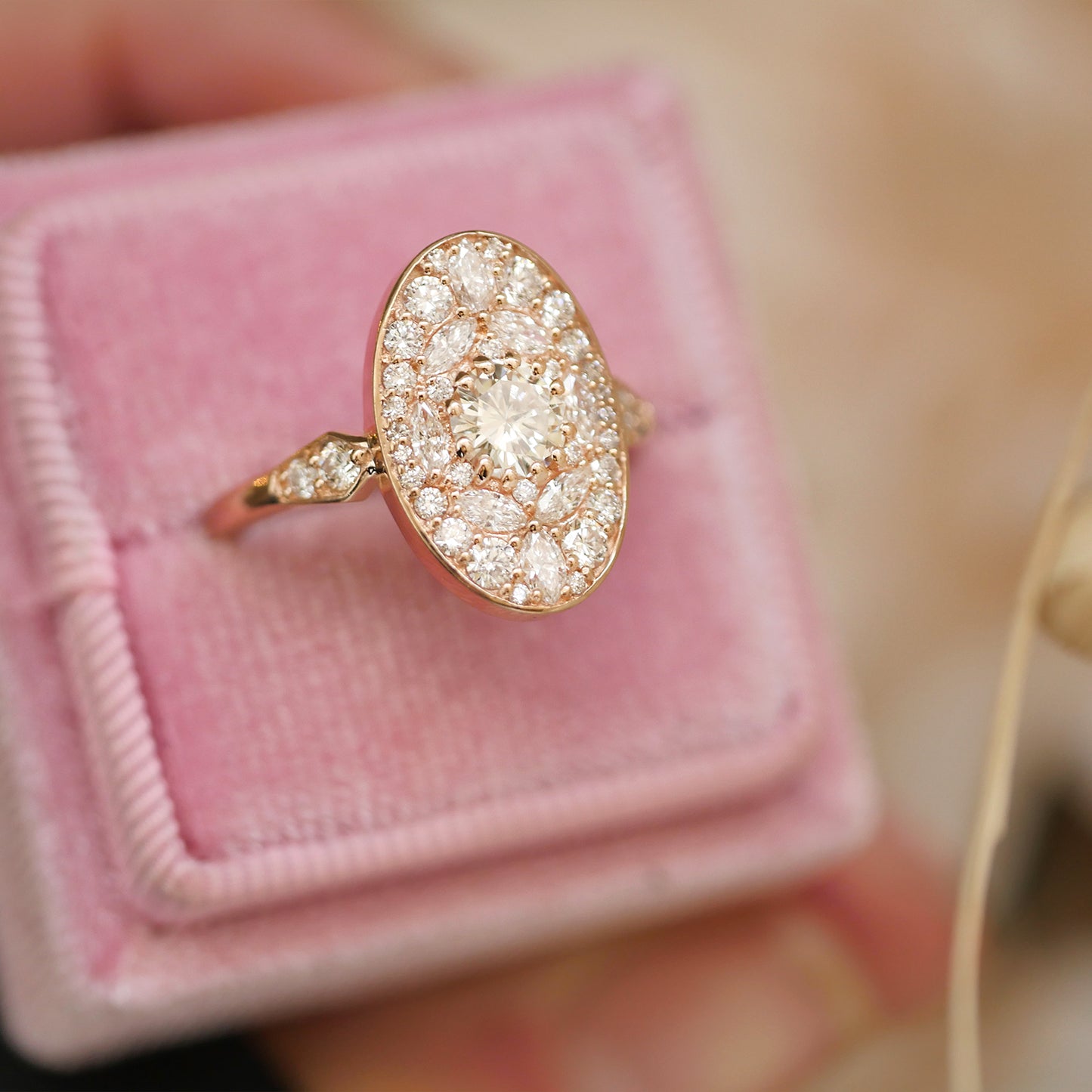 Custom Rose Gold Oval Shape Marquise and Round Brilliant Cut Diamond Mosaic Ring