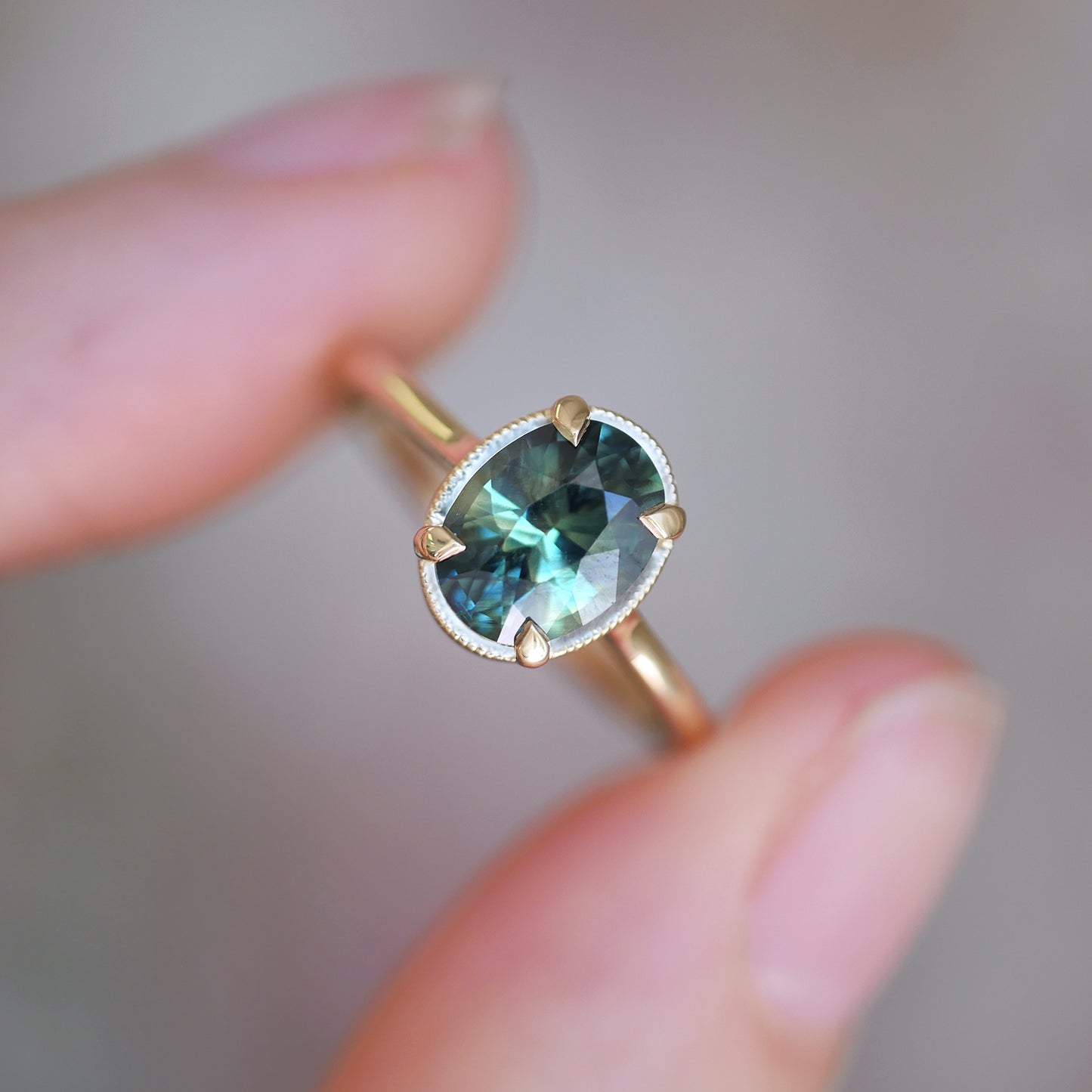 Bi-Color Green Yellow Blue Sapphire Oval Solitaire