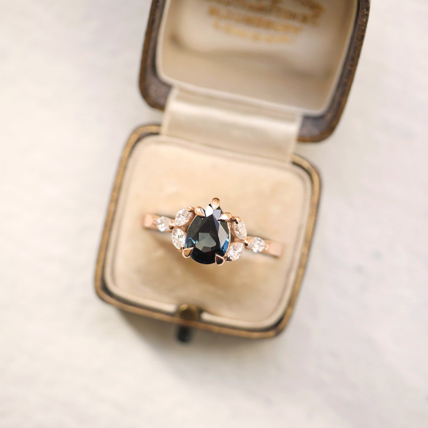 Custom Teal Pear Sapphire and Marquise Rose Gold Ring