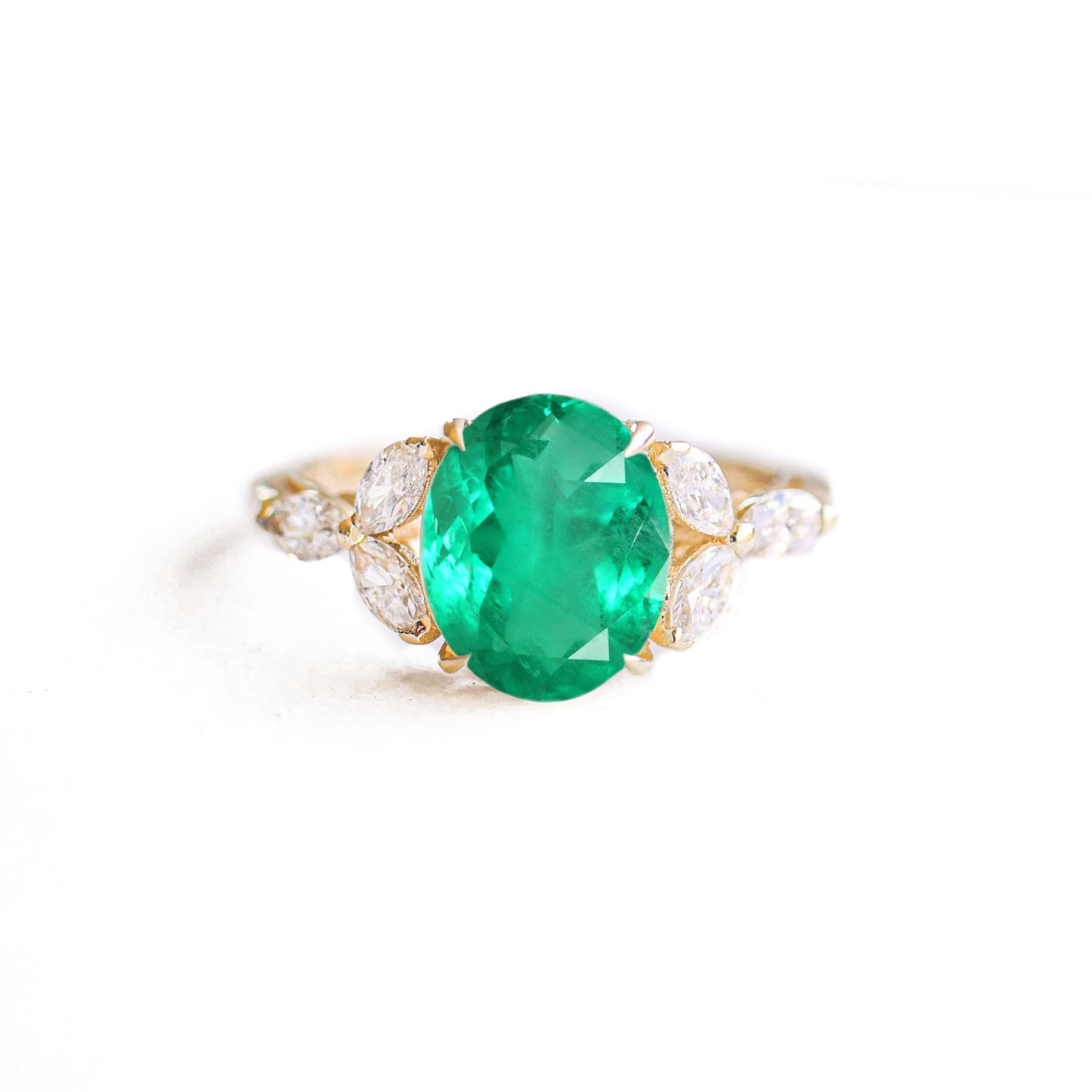 Custom Oval Colombian Emerald & Marquise Diamond Ring