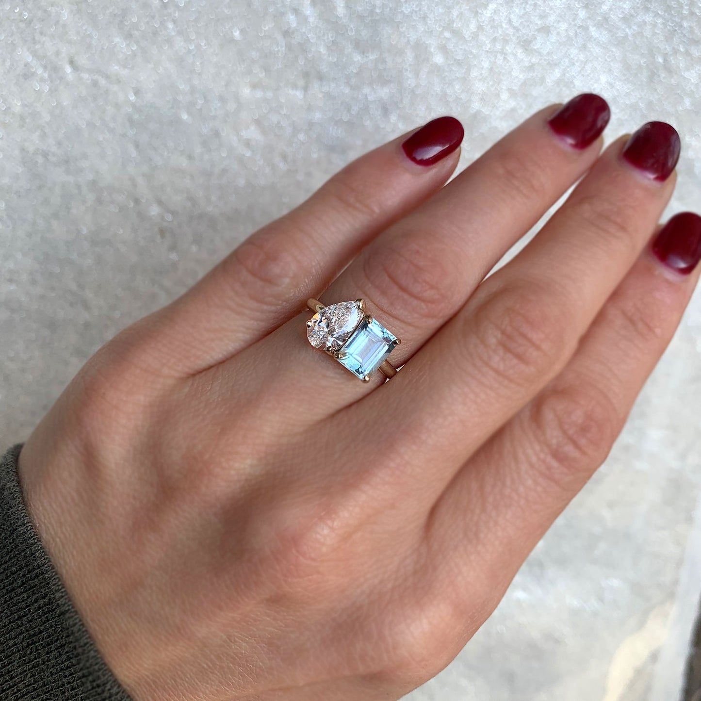 Custom Aquamarine & Lab-Created Pear Diamond Moi et Toi Ring Set