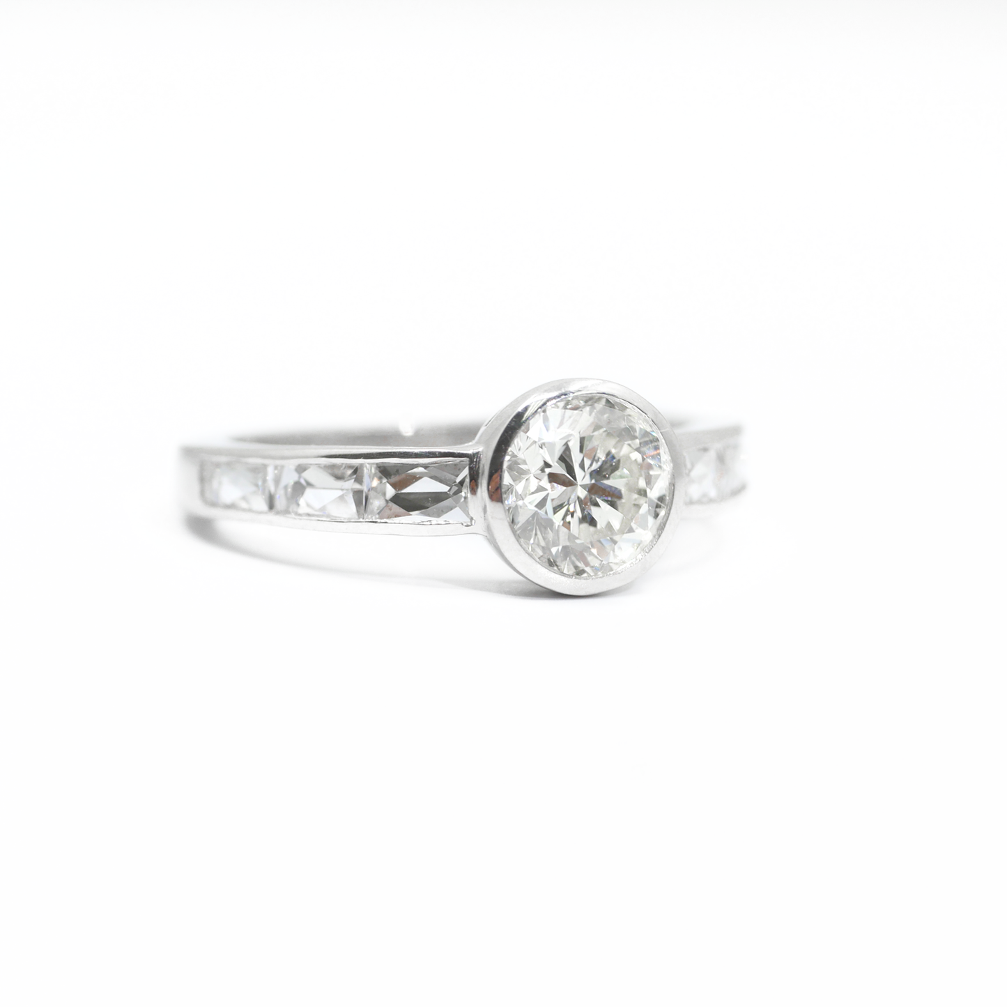 Custom Bezel Set Diamond Ring with French Cut Diamond Accents