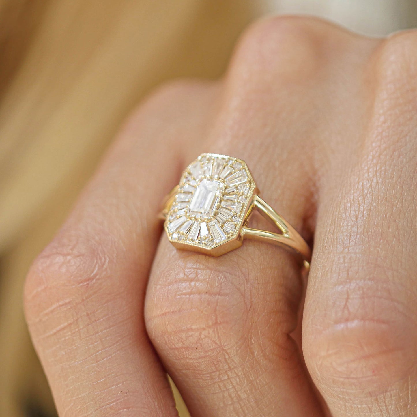 Custom Split Shank Emerald Ballerina Diamond Mosaic Ring
