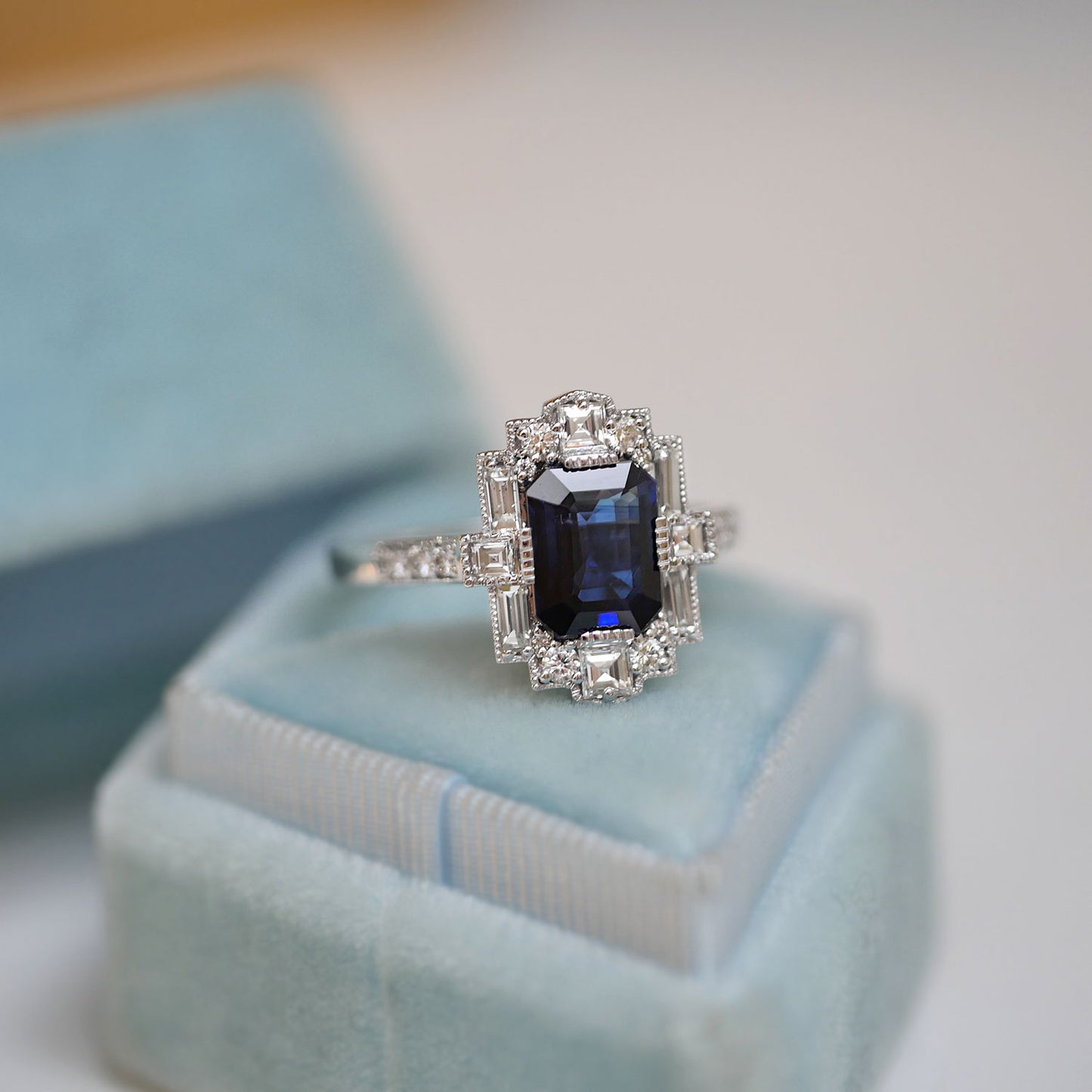 Custom Dark Blue Emerald Cut Sapphire Deco Halo Engagement Ring