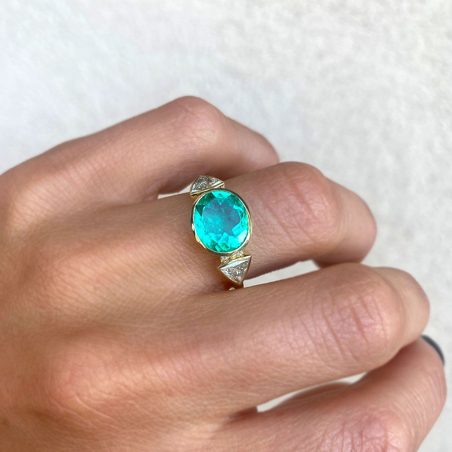 Custom 2.43 Carat Oval Colombian Emerald & Trillion Diamond Ring