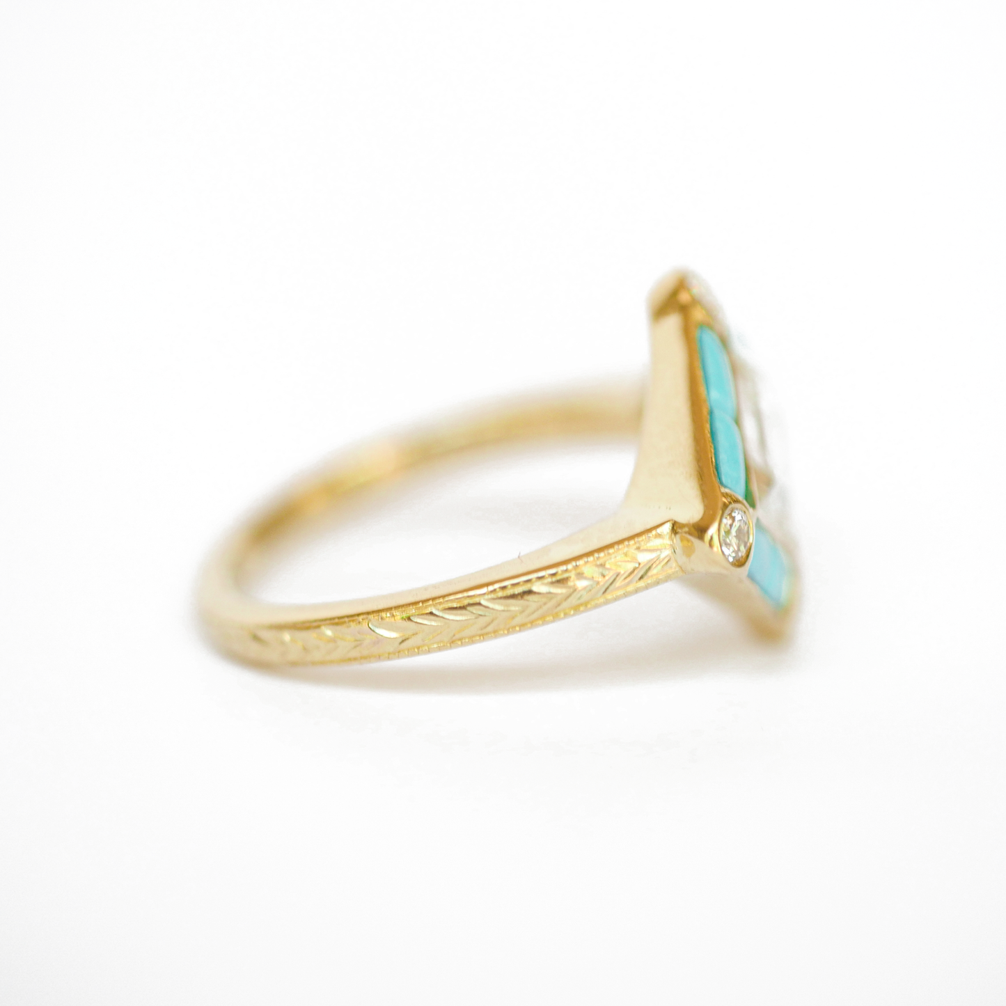 Custom Rose Cut Kite Shaped Diamond Ring with Turquoise Halo