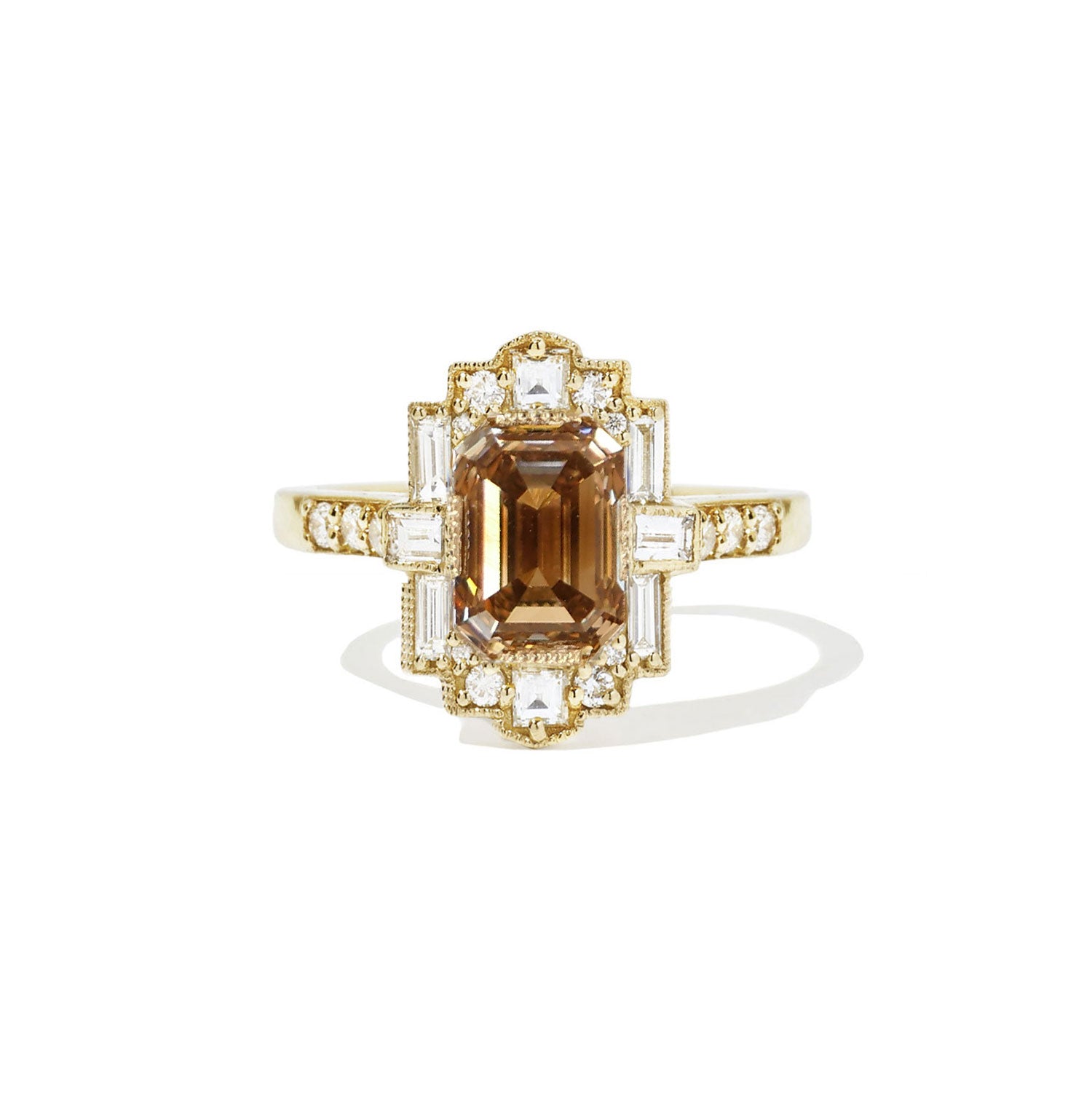 Deco Emerald Cut Champagne Diamond Mosaic Ring