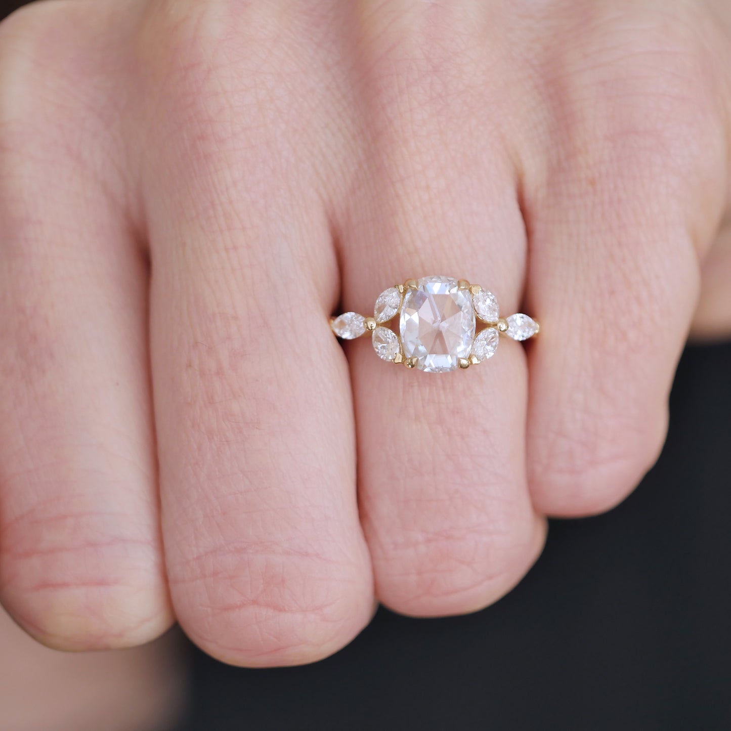 Antique Cushion Rose Cut Moissanite & Marquise Diamond Ring