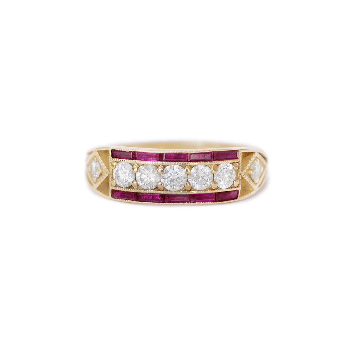 Art Deco Five Diamond Ring with French Cut Rubies