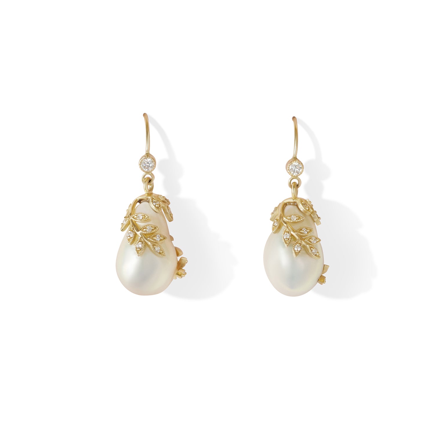 Pearl and Diamond Vine Drop Earrings