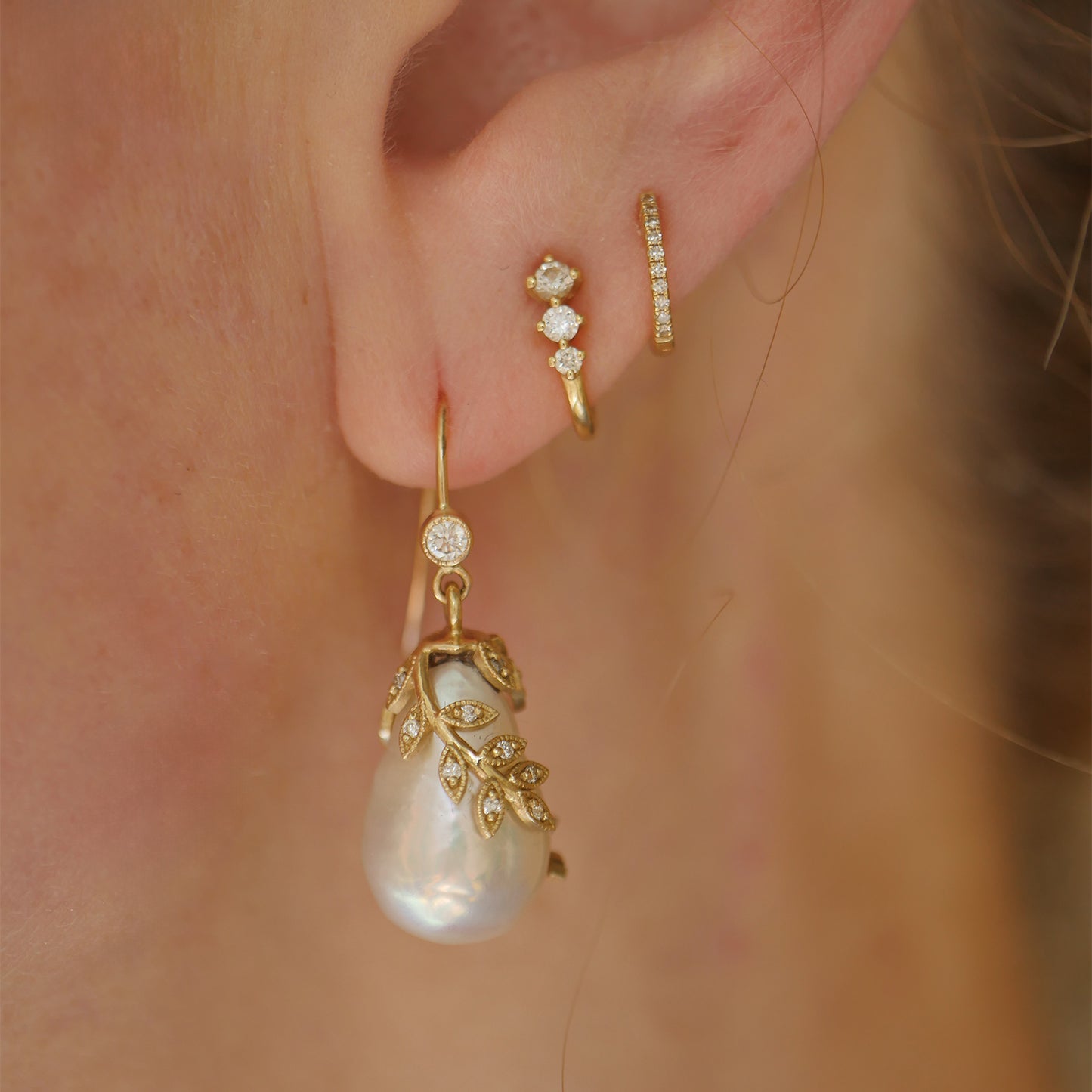 Pearl and Diamond Vine Drop Earrings