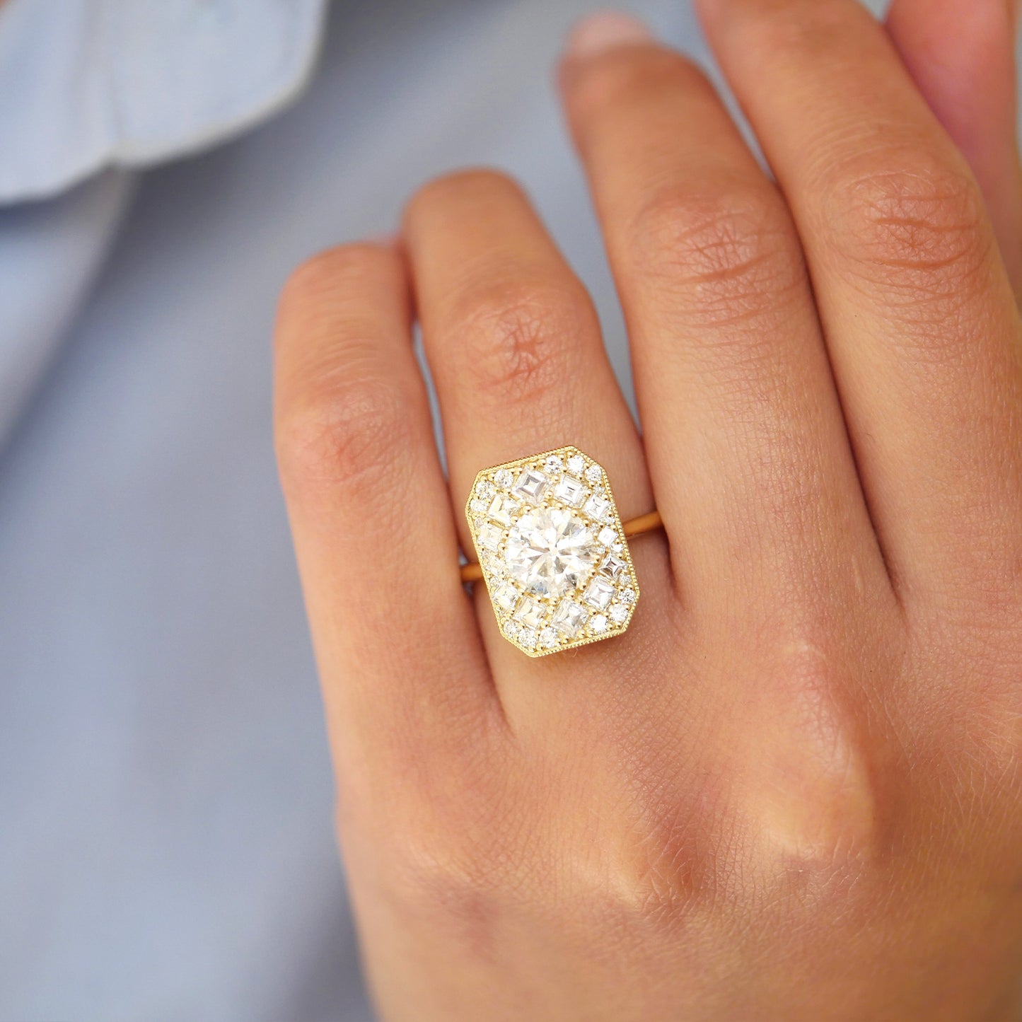 Custom Emerald Shape Carre & Oval Diamond Mosaic Ring