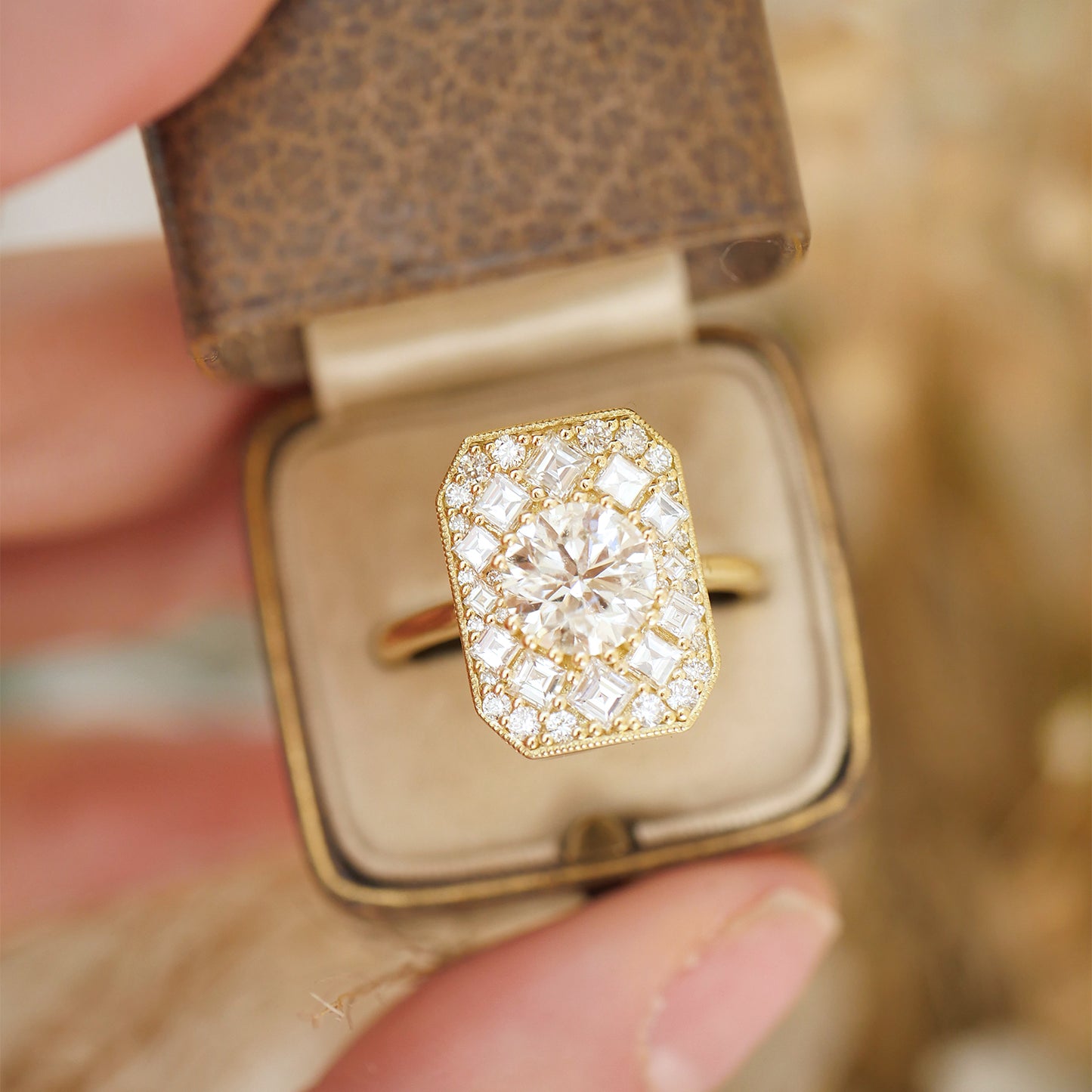 Custom Emerald Shape Carre & Oval Diamond Mosaic Ring