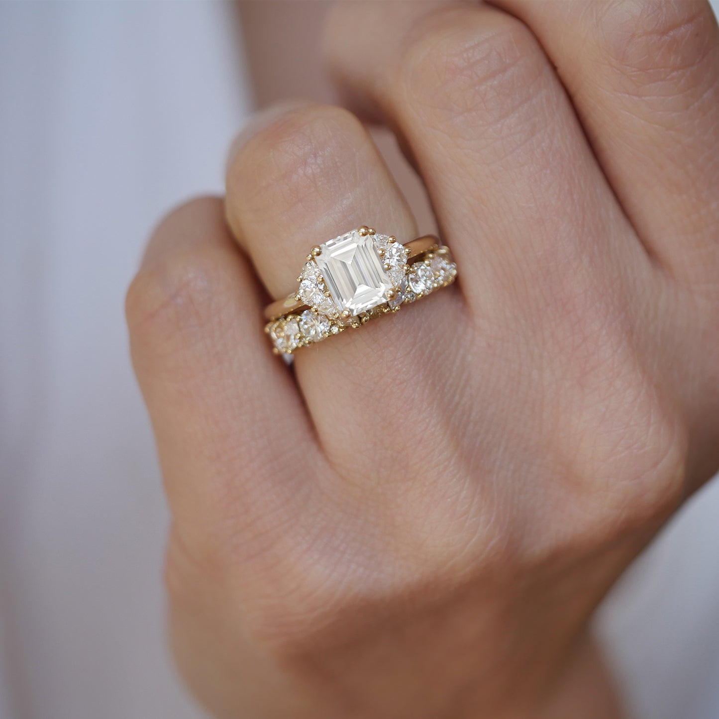 Emerald Moissanite and Trillion Three Stone Ring