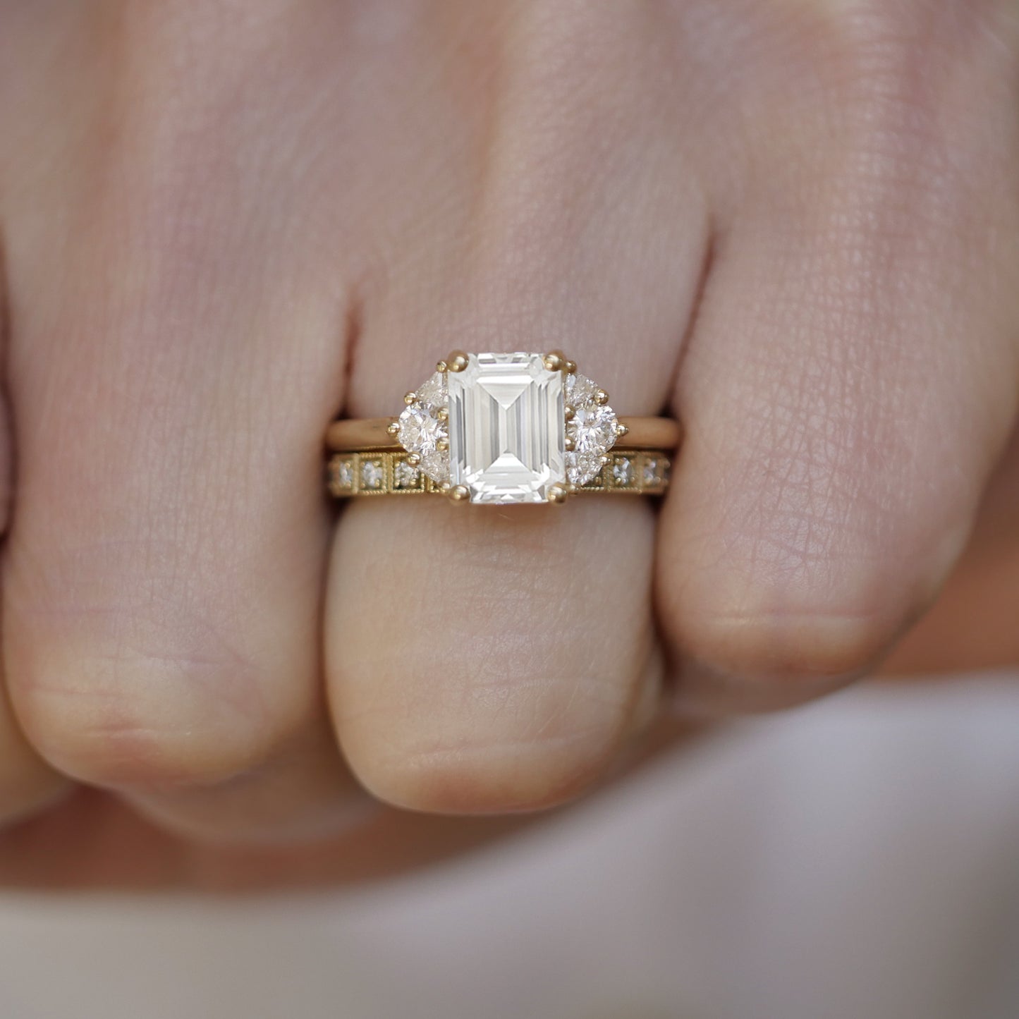 Emerald Moissanite and Trillion Three Stone Ring