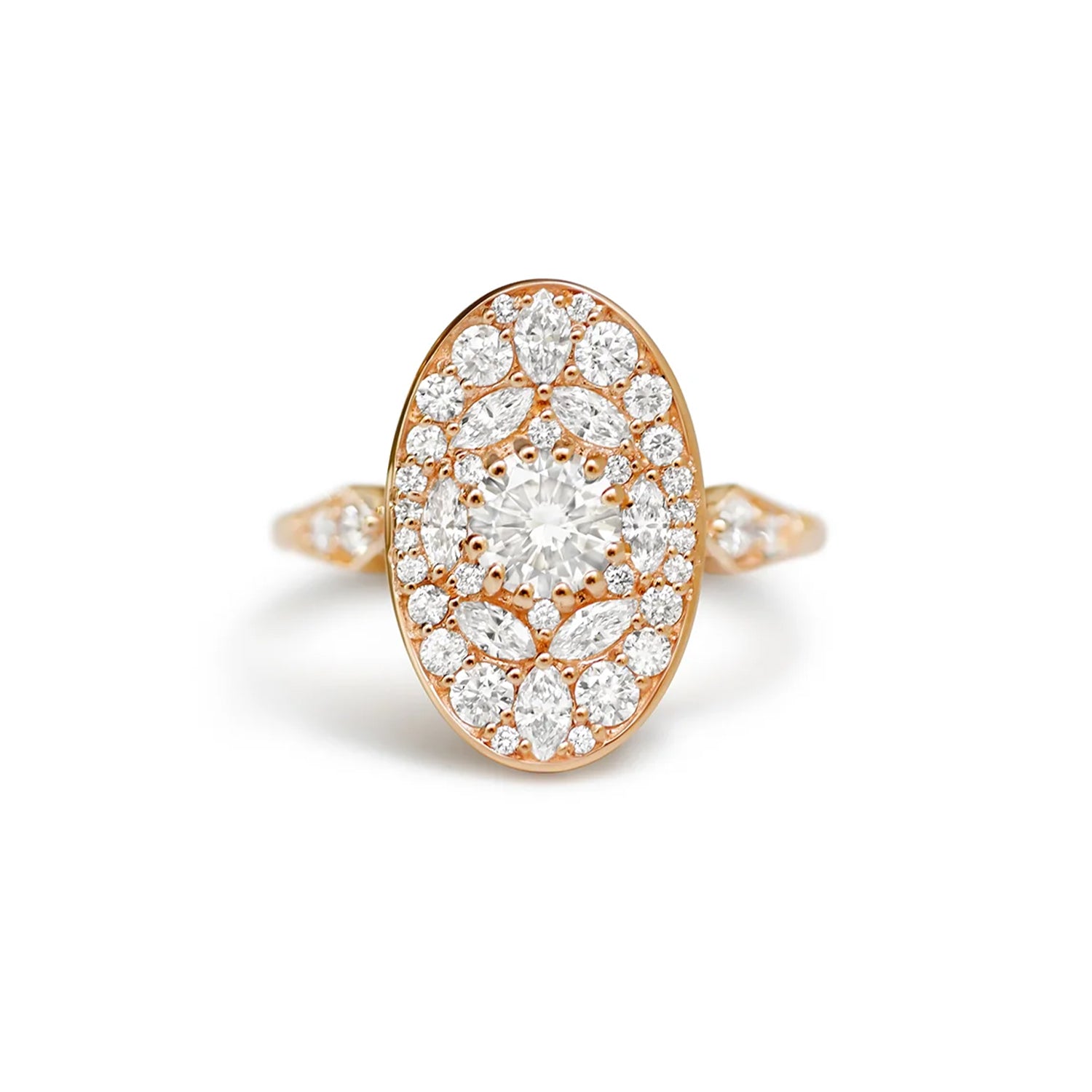 Custom Rose Gold Oval Shape Marquise and Round Brilliant Cut Diamond Mosaic Ring