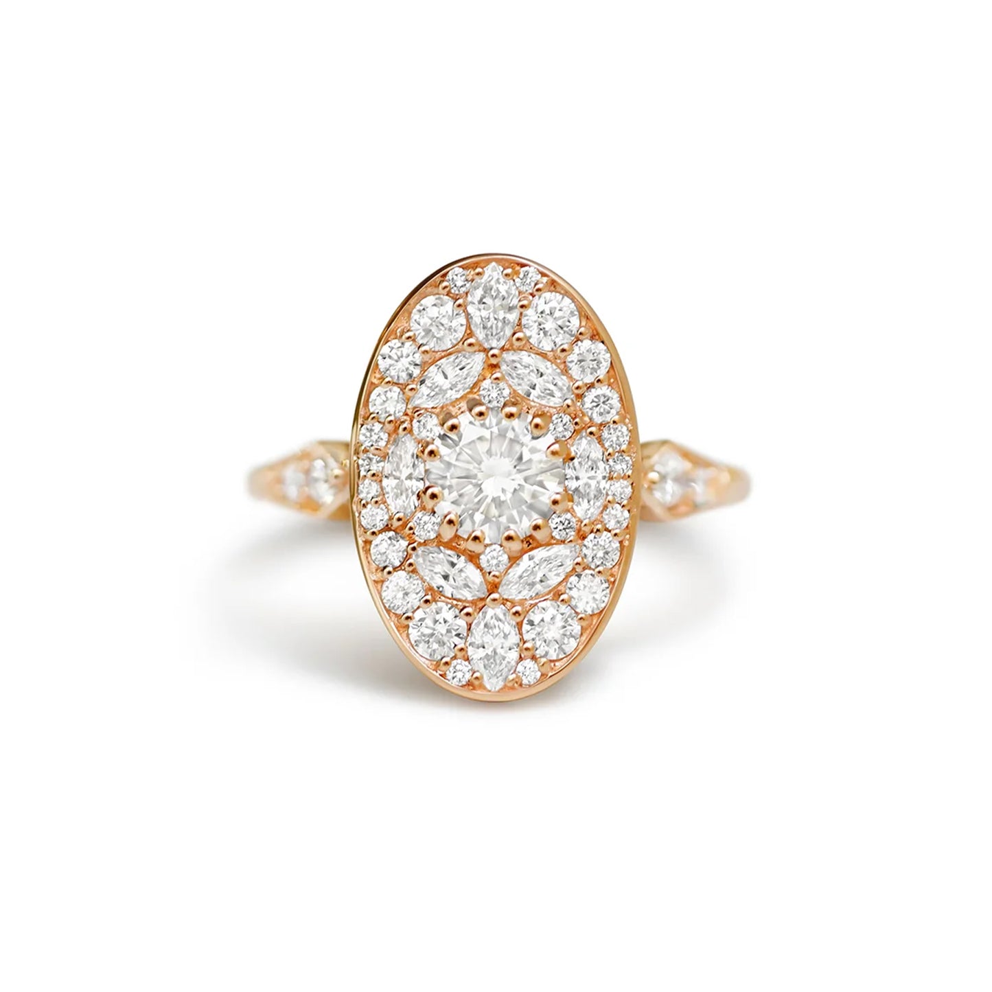 Custom Rose Gold Oval Shape Marquise and Round Brilliant Cut Diamond Mosaic Ring