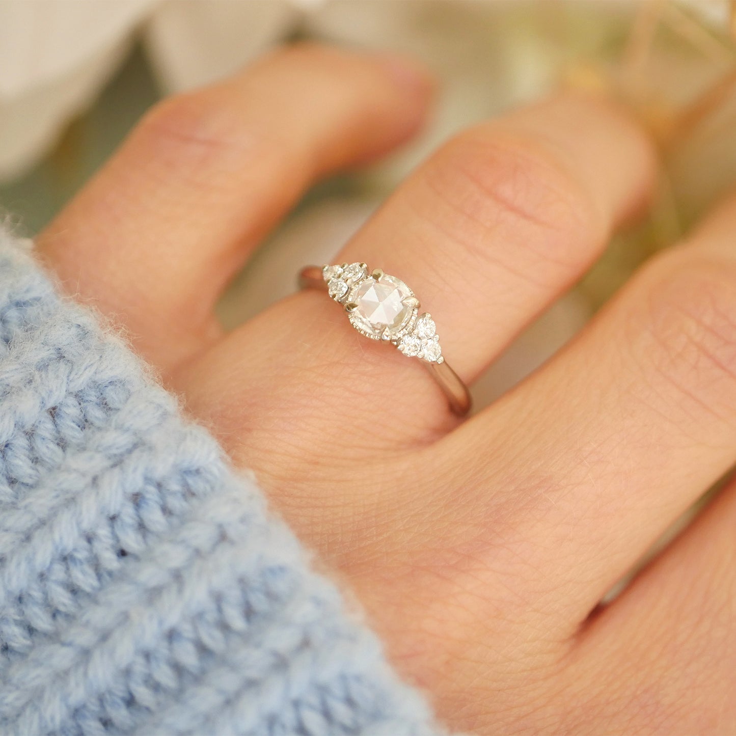 Round Rose Cut Diamond Trio Ring