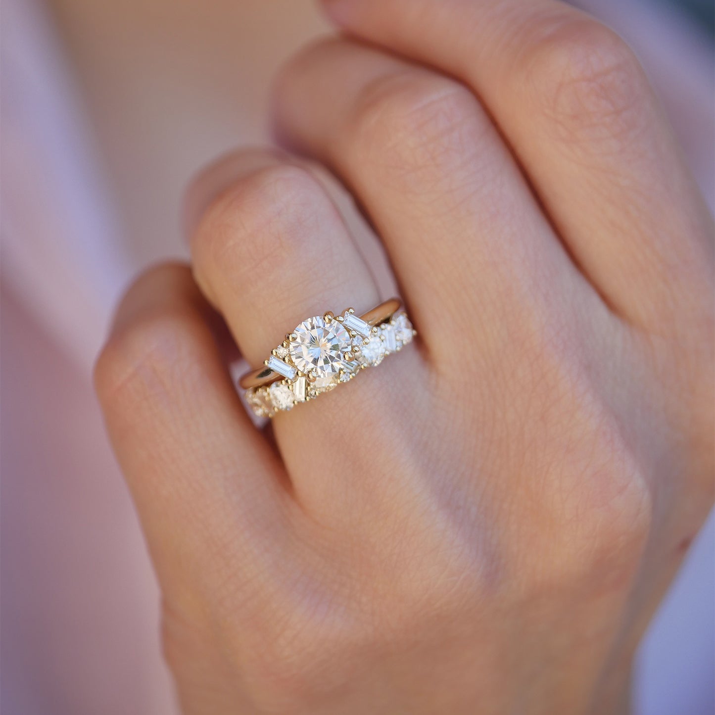 Round Moissanite and Baguette Confetti Ring