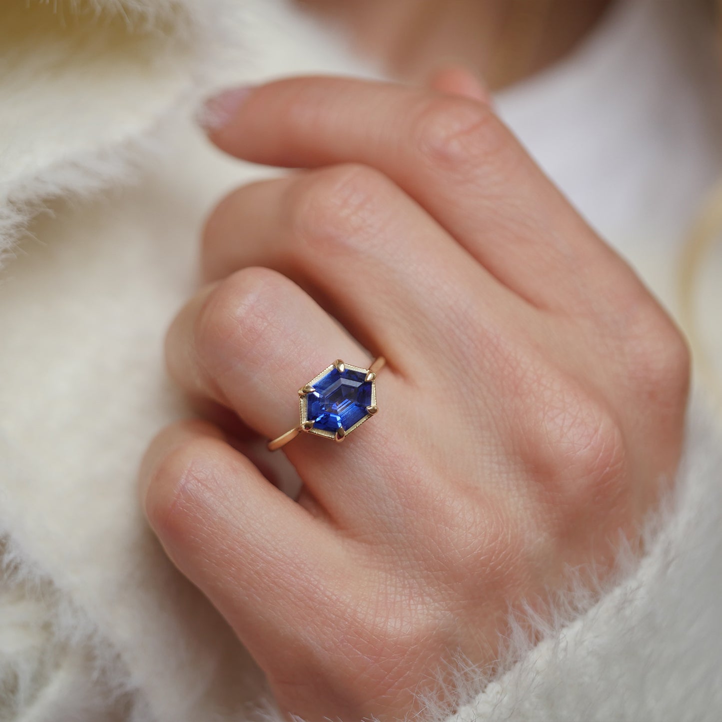 Elongated Hexagon Blue Sapphire Solitaire