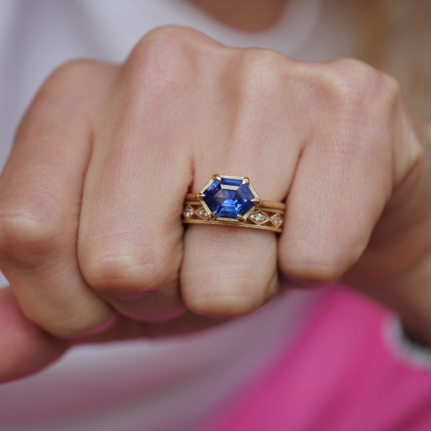 Elongated Hexagon Blue Sapphire Solitaire