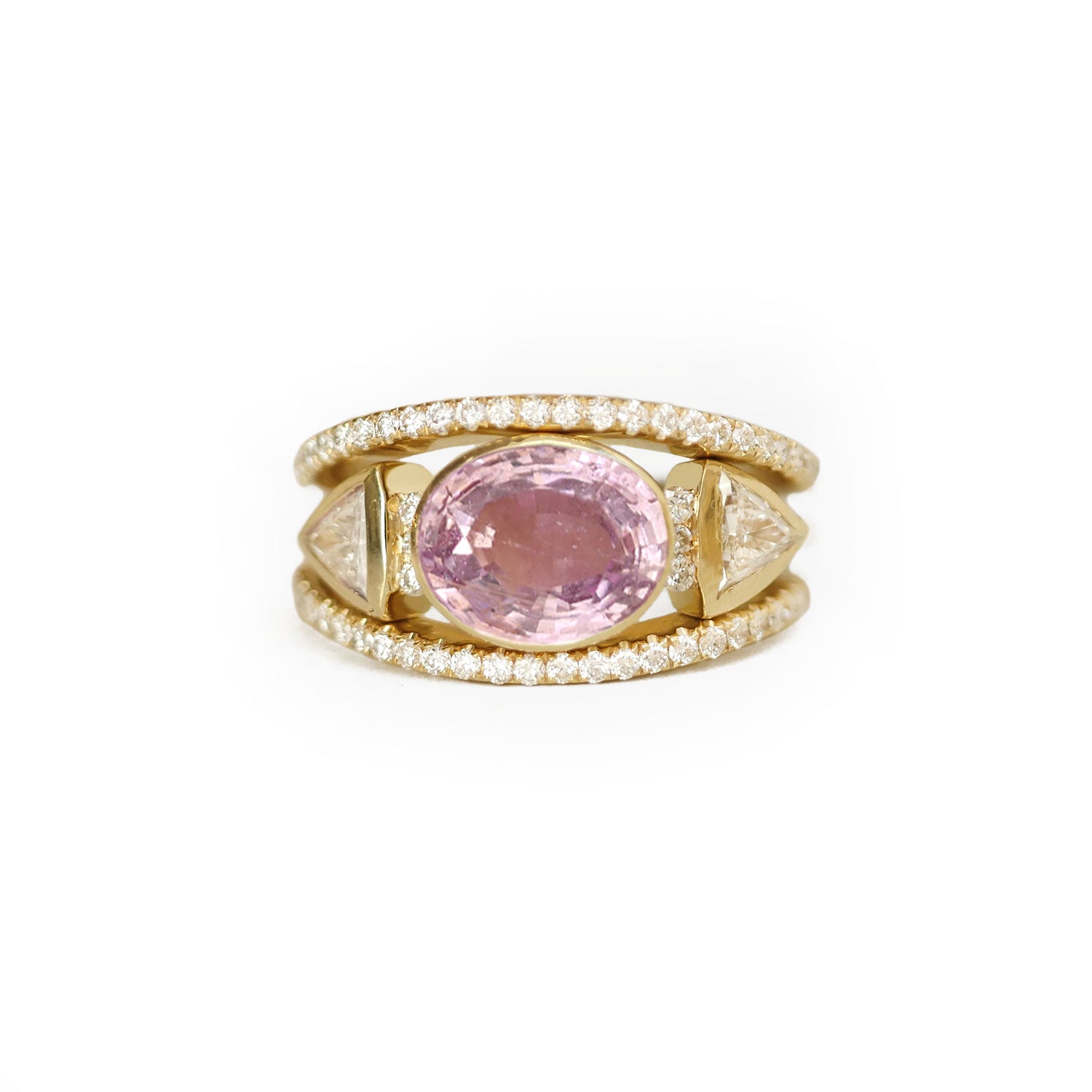 Custom Oval Pink Sapphire & Trillion Diamond Stacking Ring Set