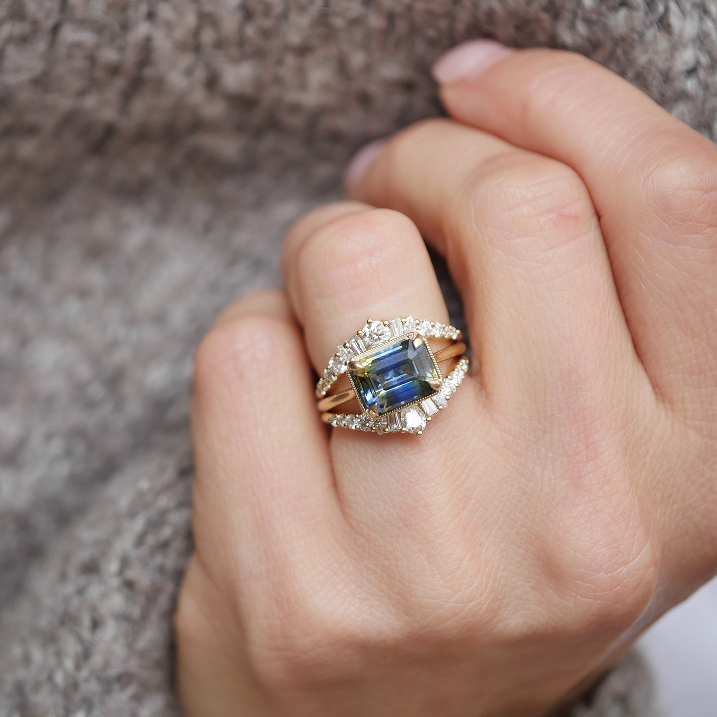 East West Bicolor Sapphire Solitaire