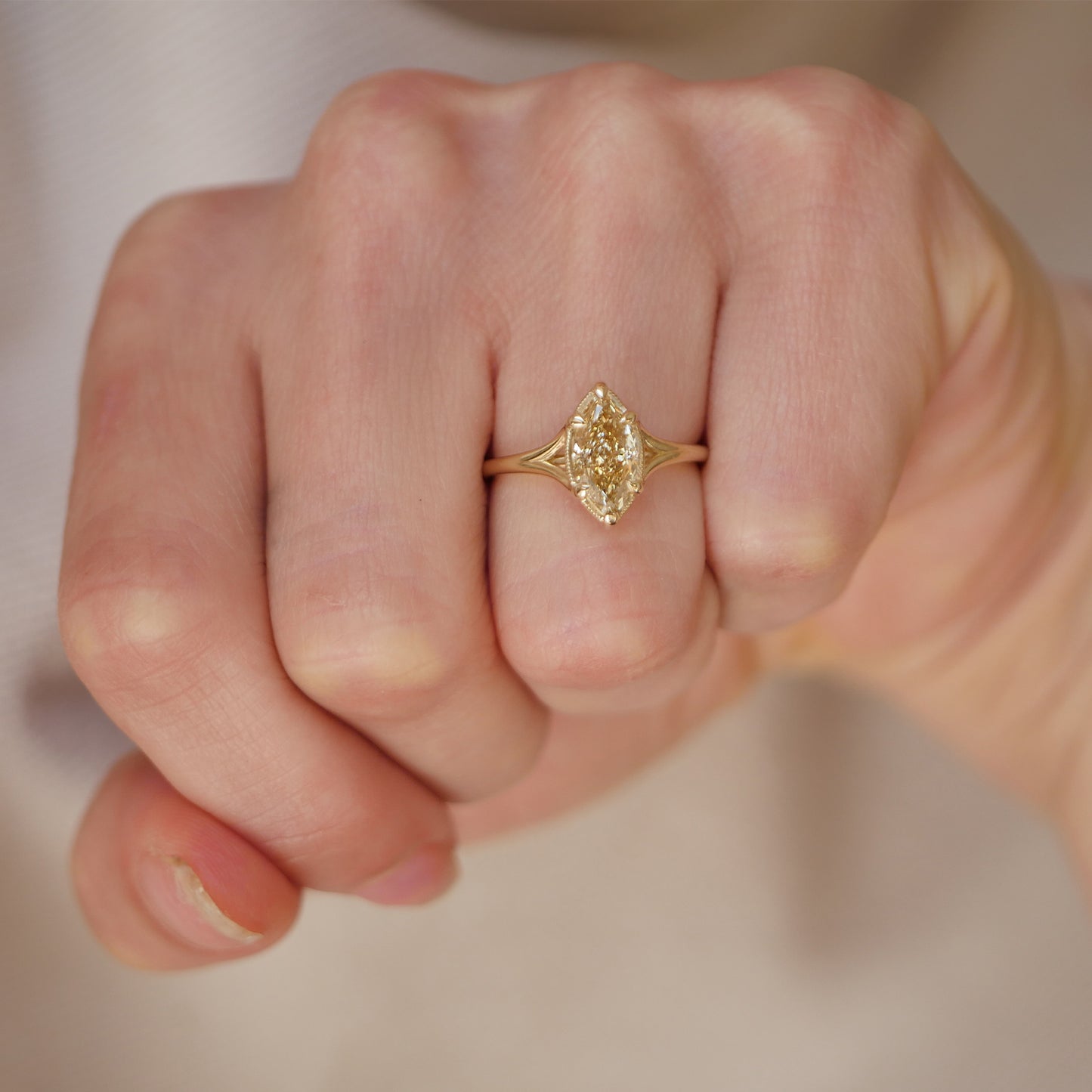 Split Shank Champagne Yellow Marquise Diamond Solitaire