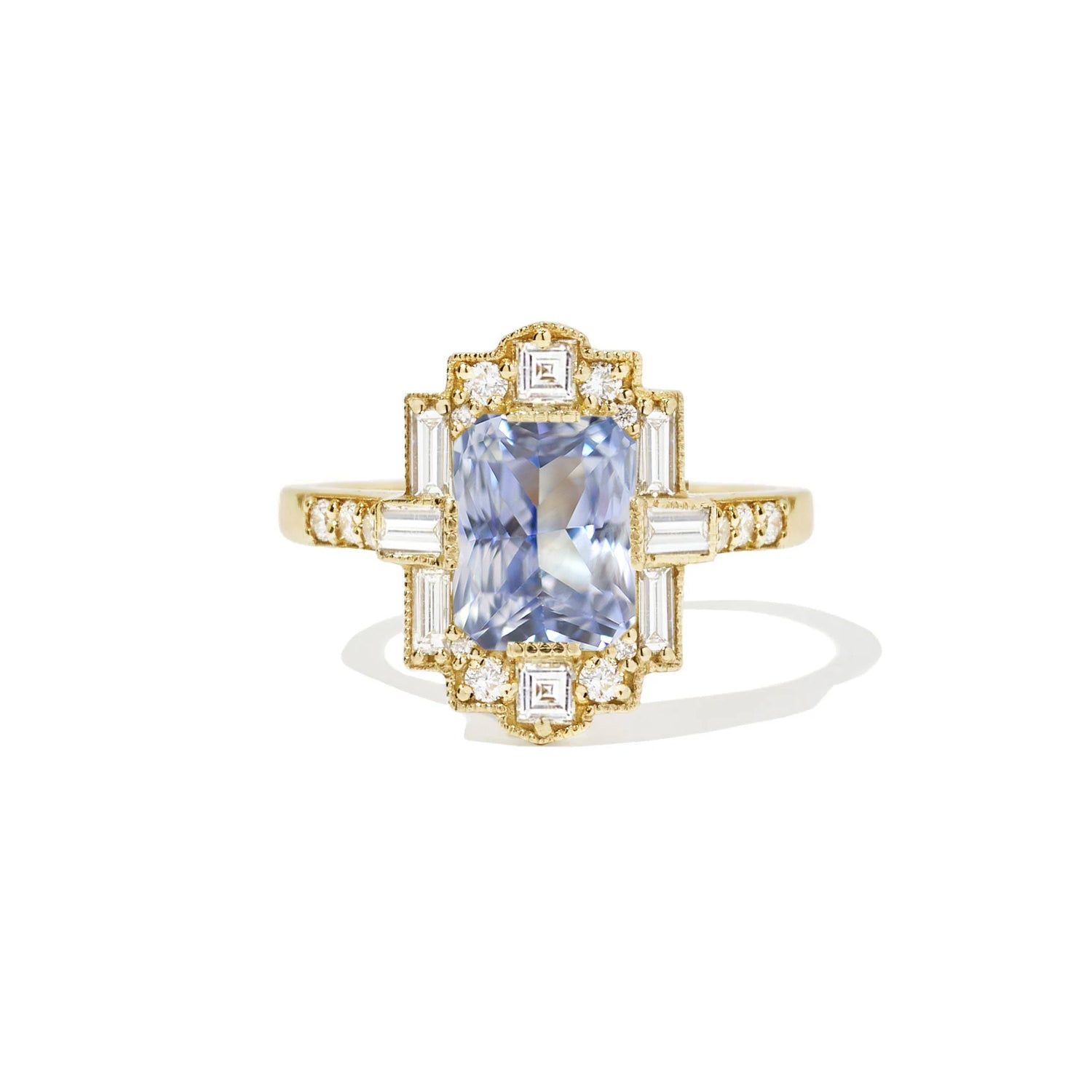 Light Blue Radiant Sapphire Deco Emerald Cut Diamond Mosaic Ring