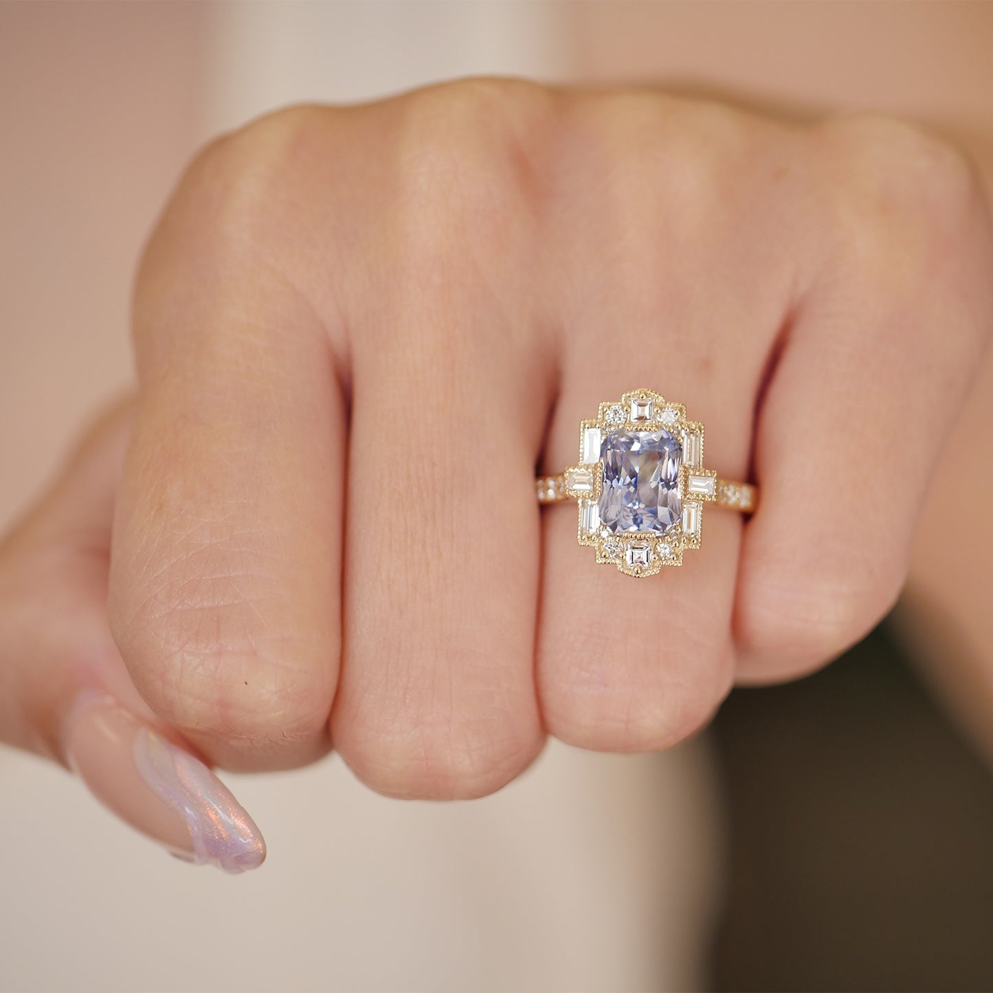 Light Blue Radiant Sapphire Deco Emerald Cut Diamond Mosaic Ring