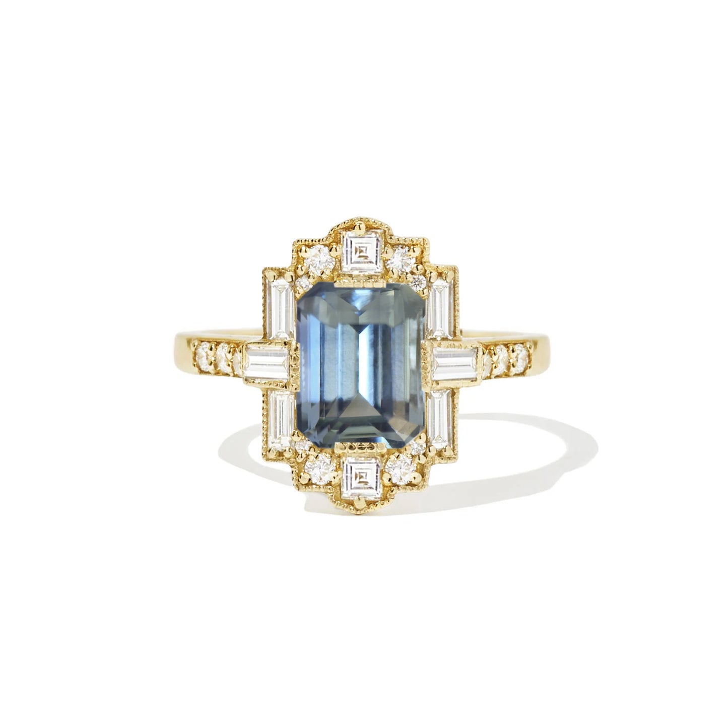 Teal Sapphire Deco Emerald Cut Diamond Mosaic Ring