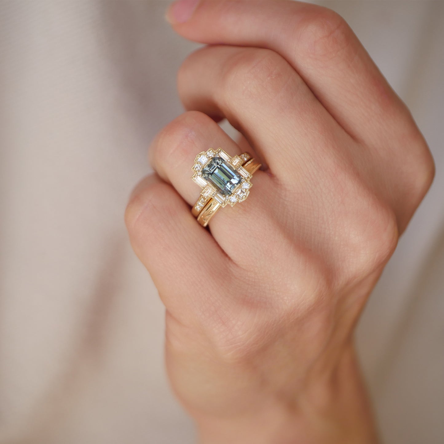 Teal Sapphire Deco Emerald Cut Diamond Mosaic Ring