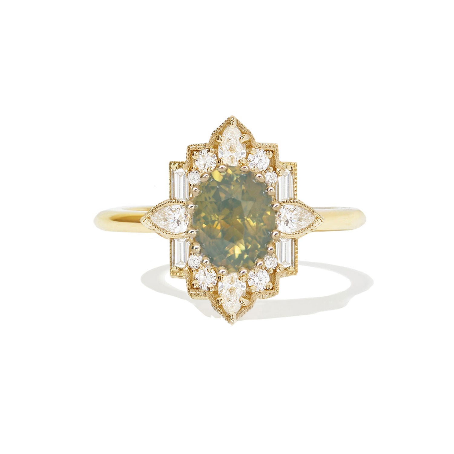 Opalescent Green Sapphire Oval Deco Emerald & Pear Diamond Mosaic Ring