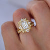 Art Deco inspired 14k yellow gold engraved frame with a center diamond, stacked with a diamond band.