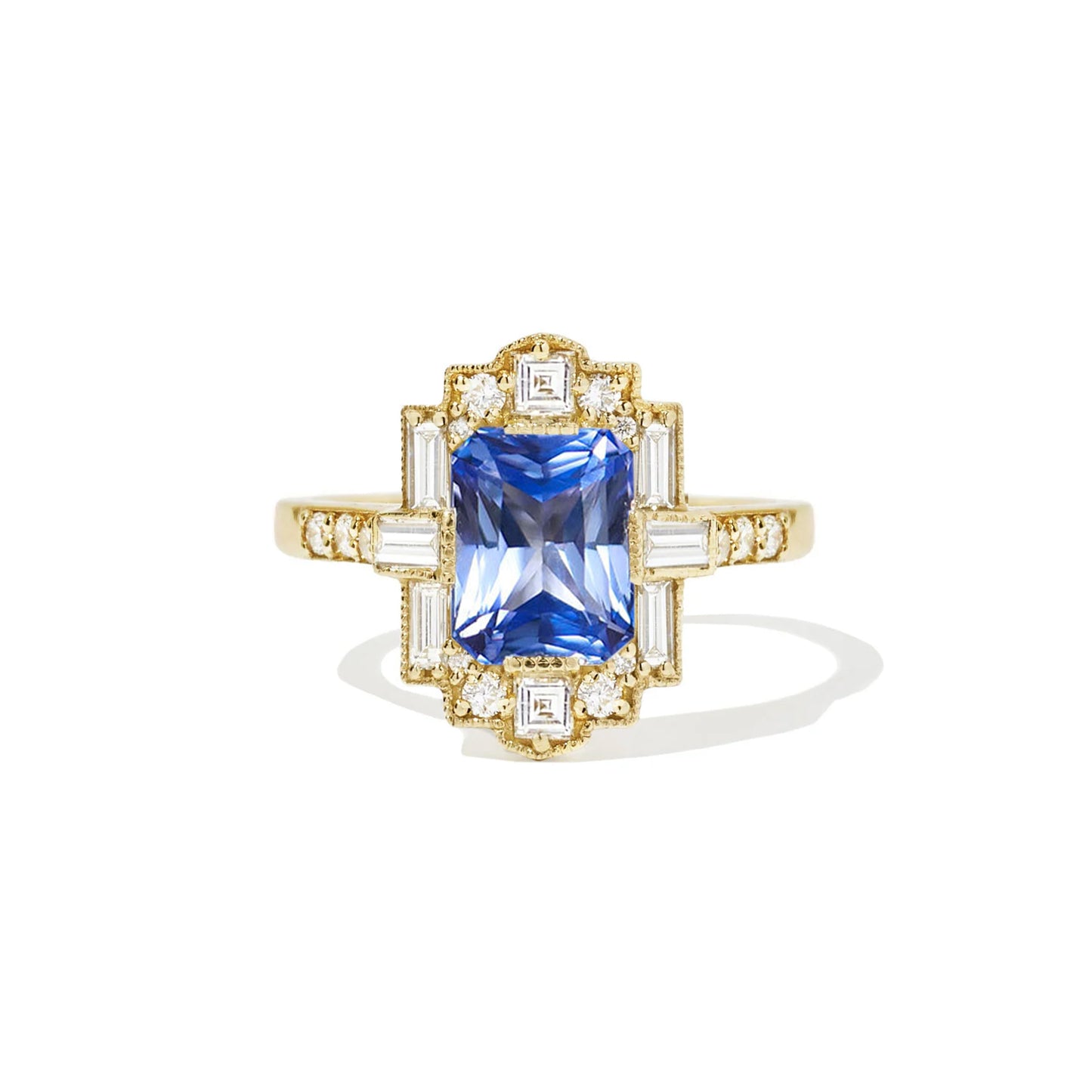 Cornflower Blue Radiant Cut Sapphire Deco Emerald Cut Diamond Mosaic Ring