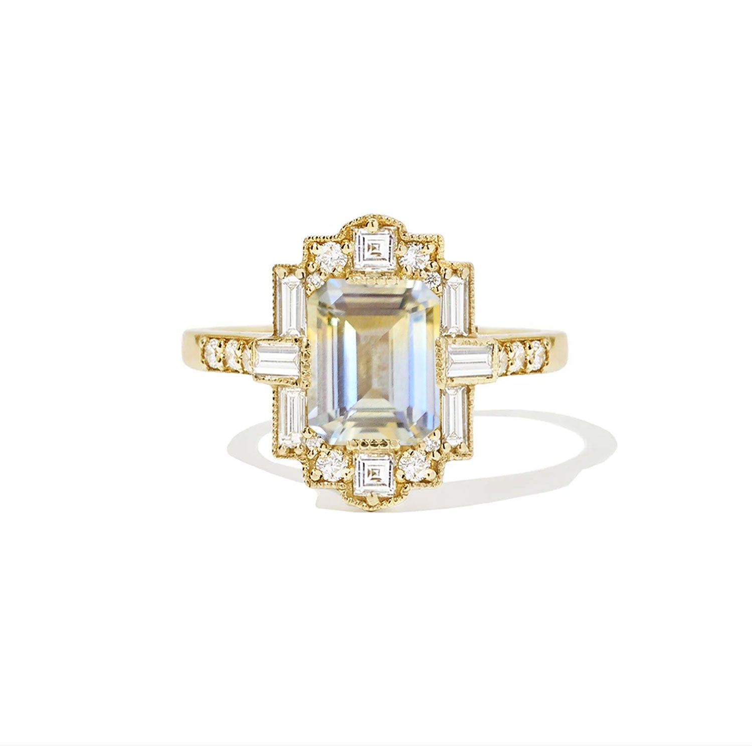 Bi Color Sapphire Deco Emerald Cut Diamond Mosaic Ring