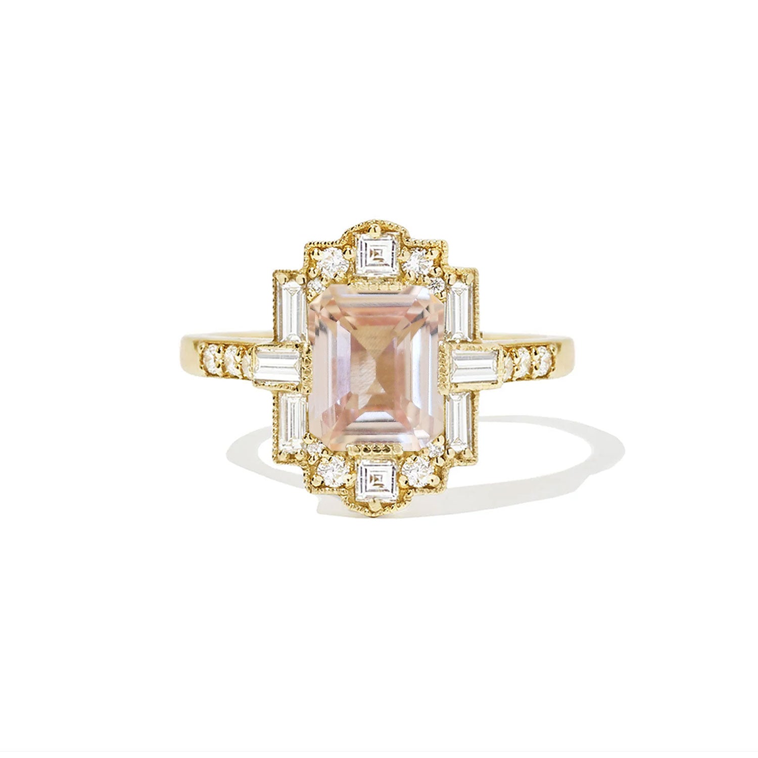Peach Sapphire Deco Emerald Cut Diamond Mosaic Ring
