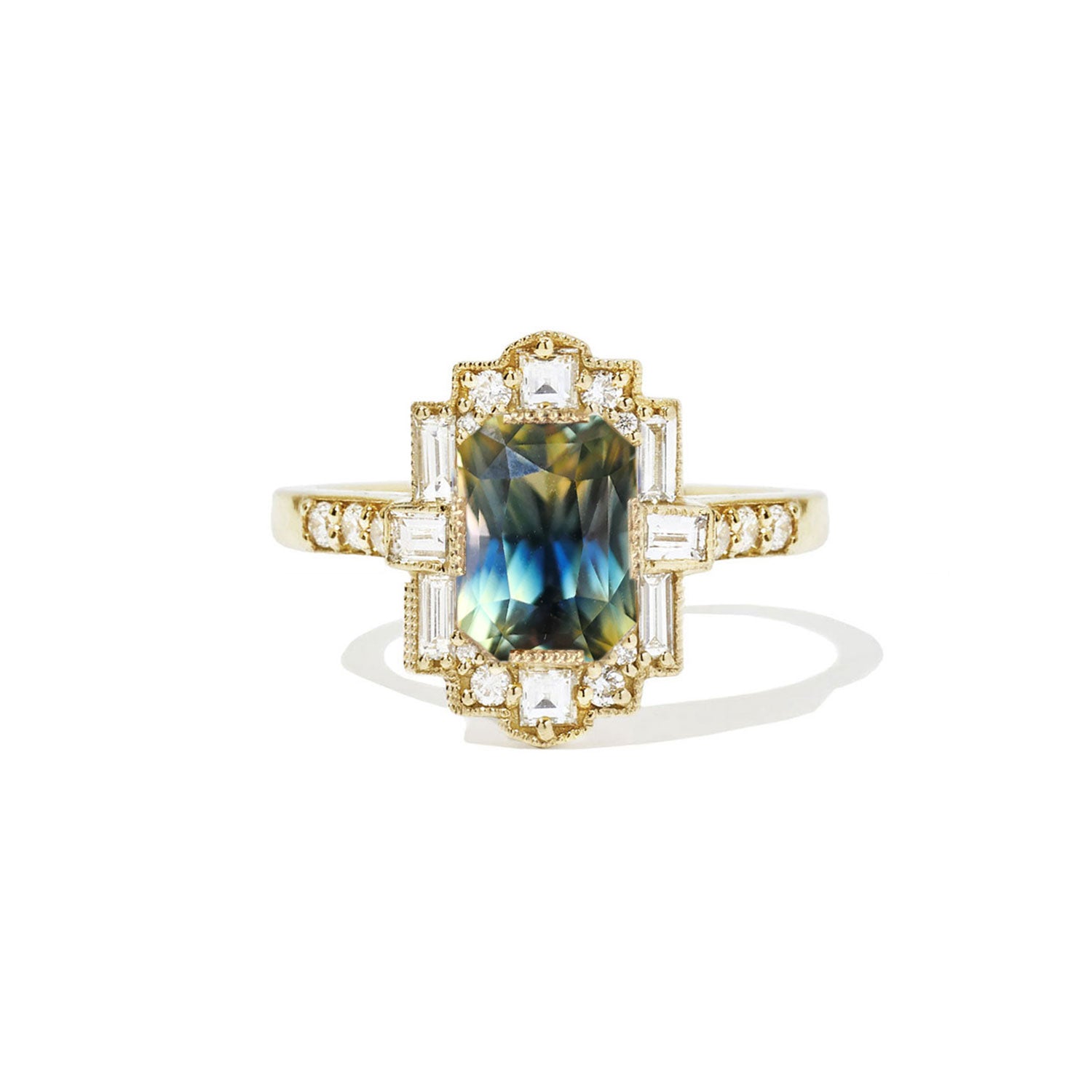 3.34 ctw Radiant Bi-color Blue Yellow Green Sapphire Deco Halo