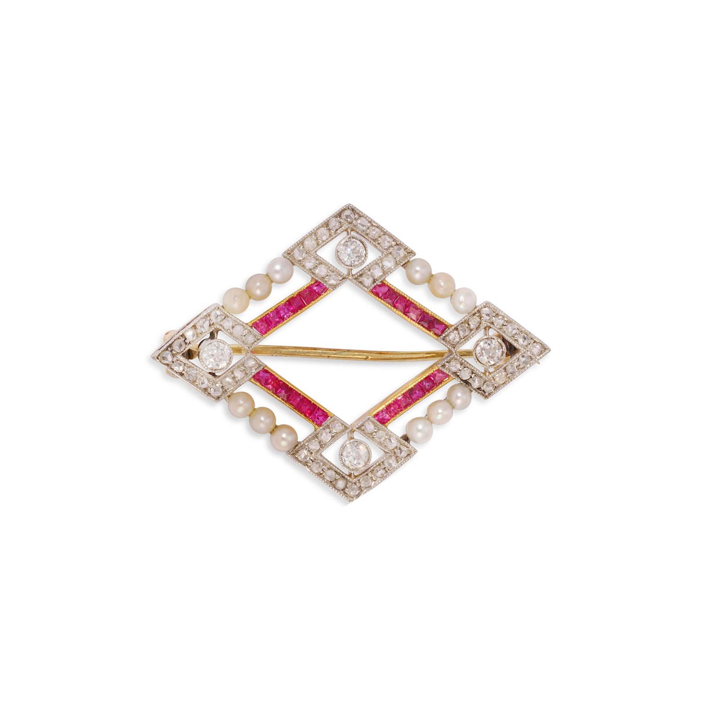 Striking Art Deco Geometric Ruby, Diamond & Pearl Pendant