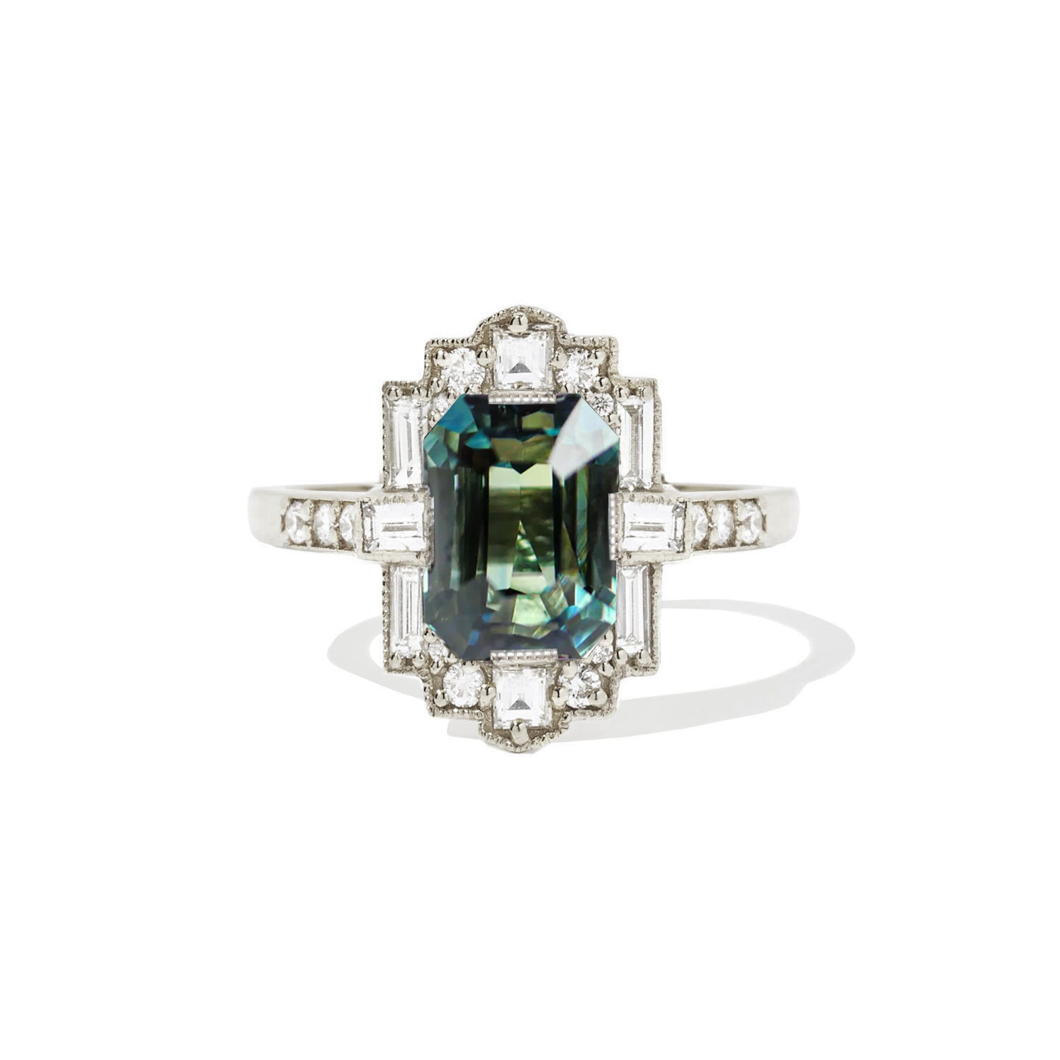 Custom Blue Green Emerald Cut Sapphire Deco Halo Engagement Ring