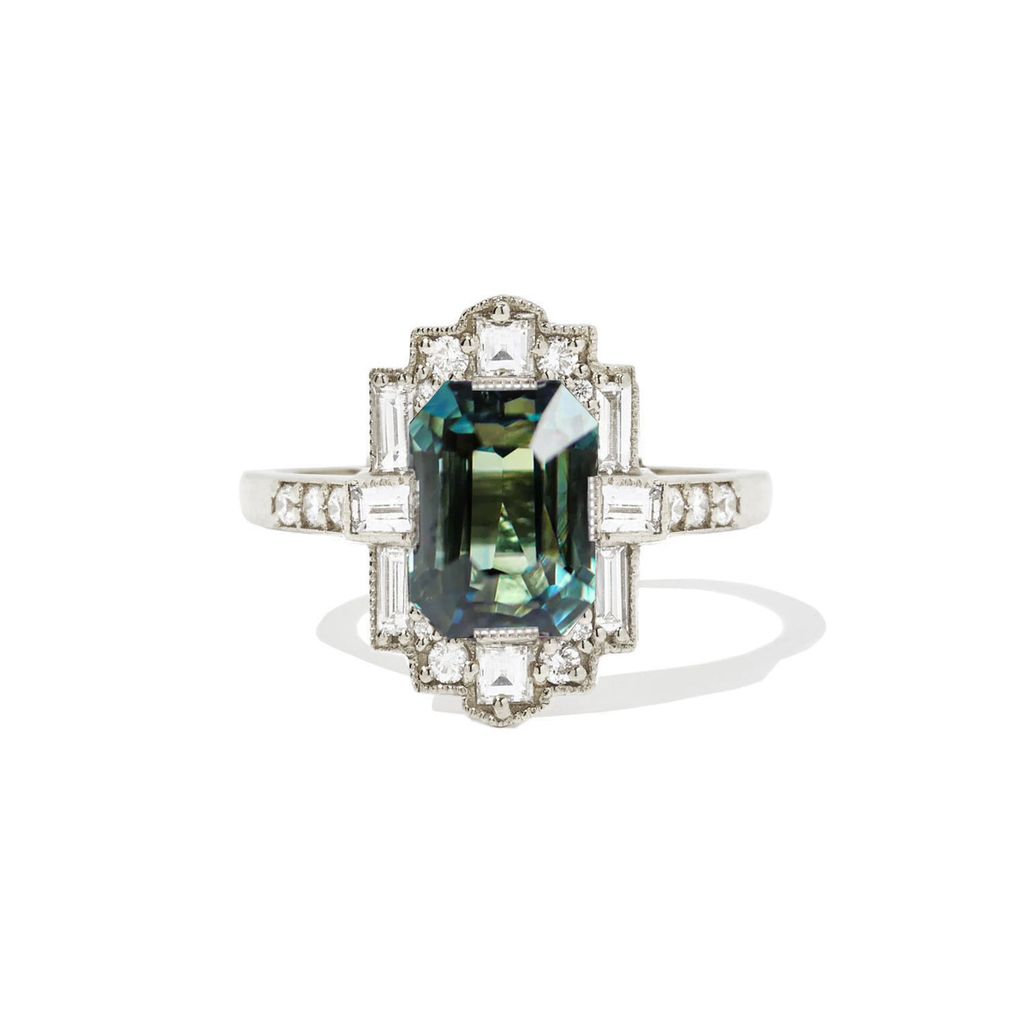 Custom Blue Green Emerald Cut Sapphire Deco Halo Engagement Ring