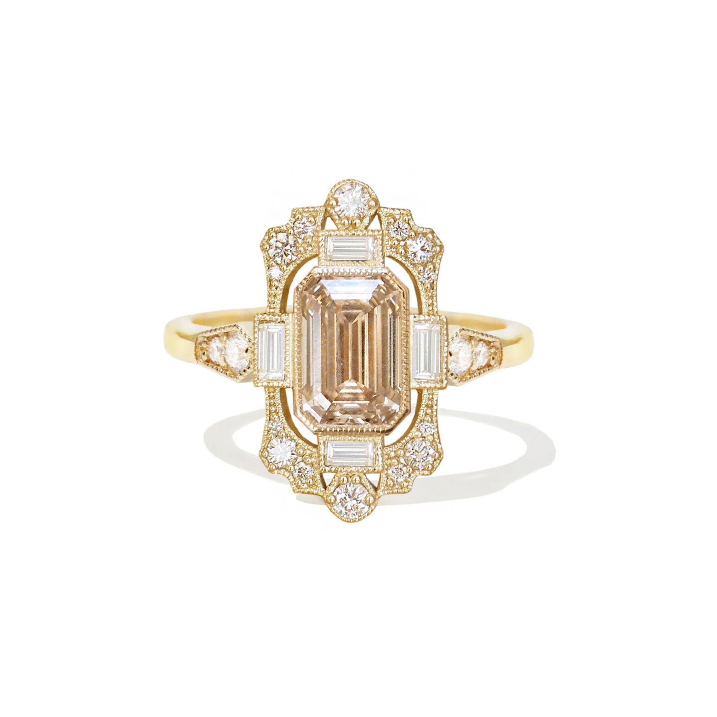 vintage inspired fairmont engagement ring with champagne center diamond