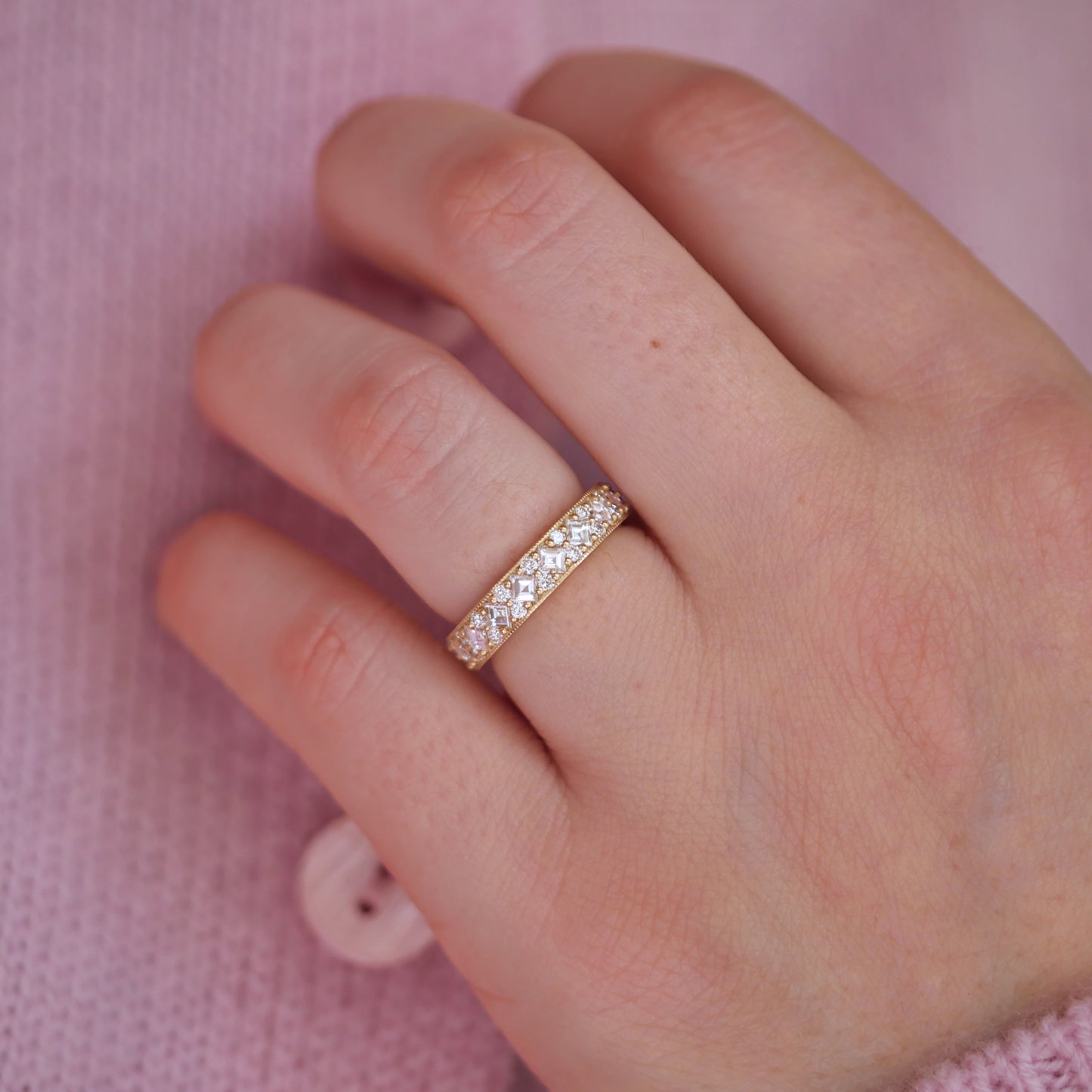 Custom 4mm Carré & Round Milgrain Diamond Mosaic Ring