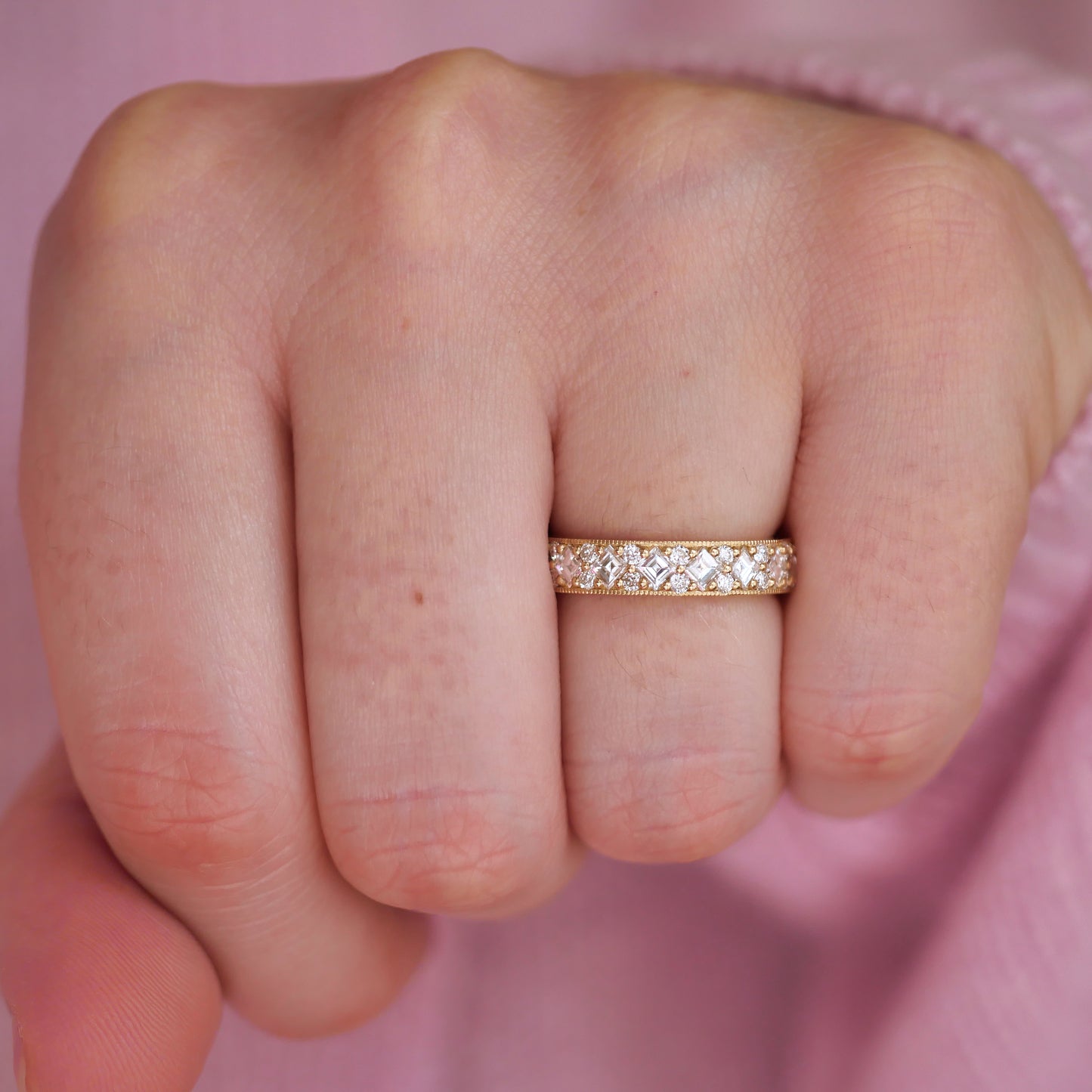 Custom 4mm Carré & Round Milgrain Diamond Mosaic Ring
