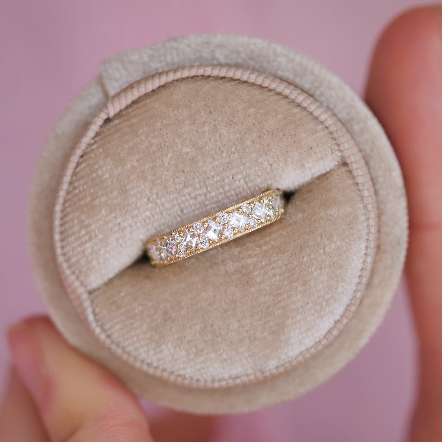 Custom 4mm Carré & Round Milgrain Diamond Mosaic Ring